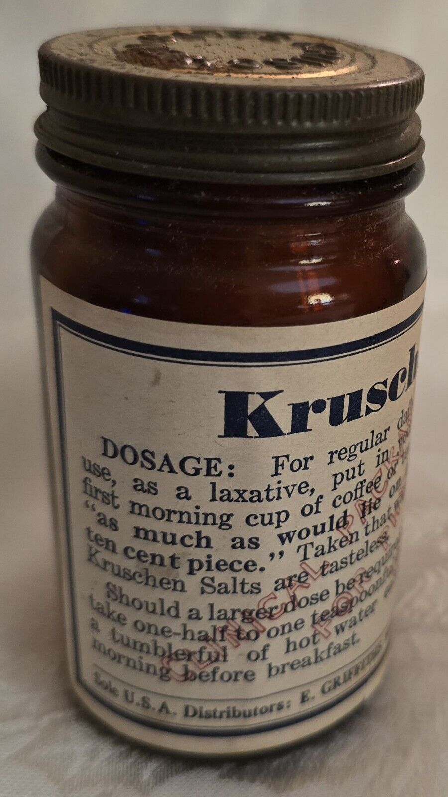 Vintage E.GriffithsHughes Kruschen Salt Medicine Glass Bottle/Box/Insert 1936 US