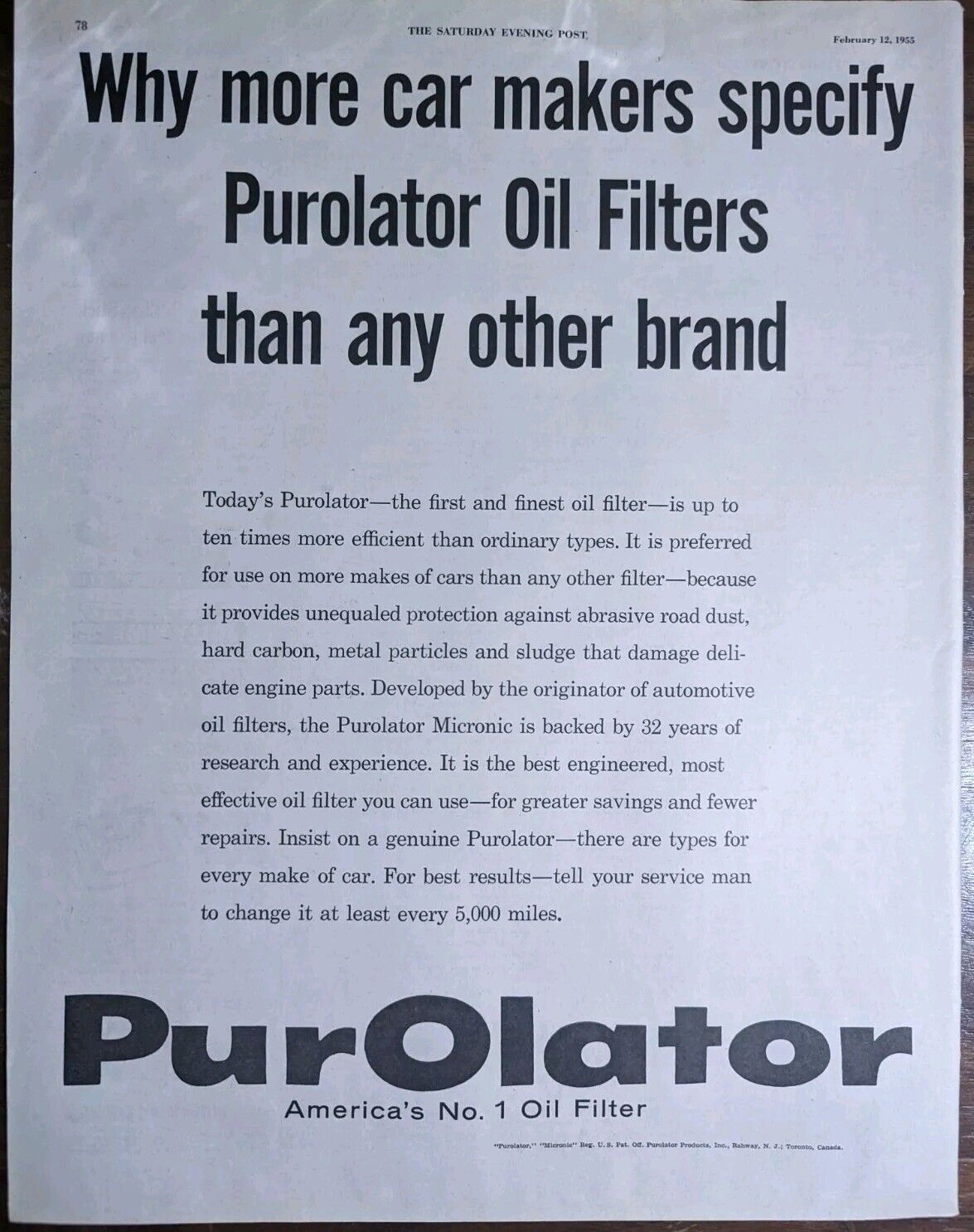 Purolator America's No. 1 Oil Filter 50s Vintage Folio Print Ad