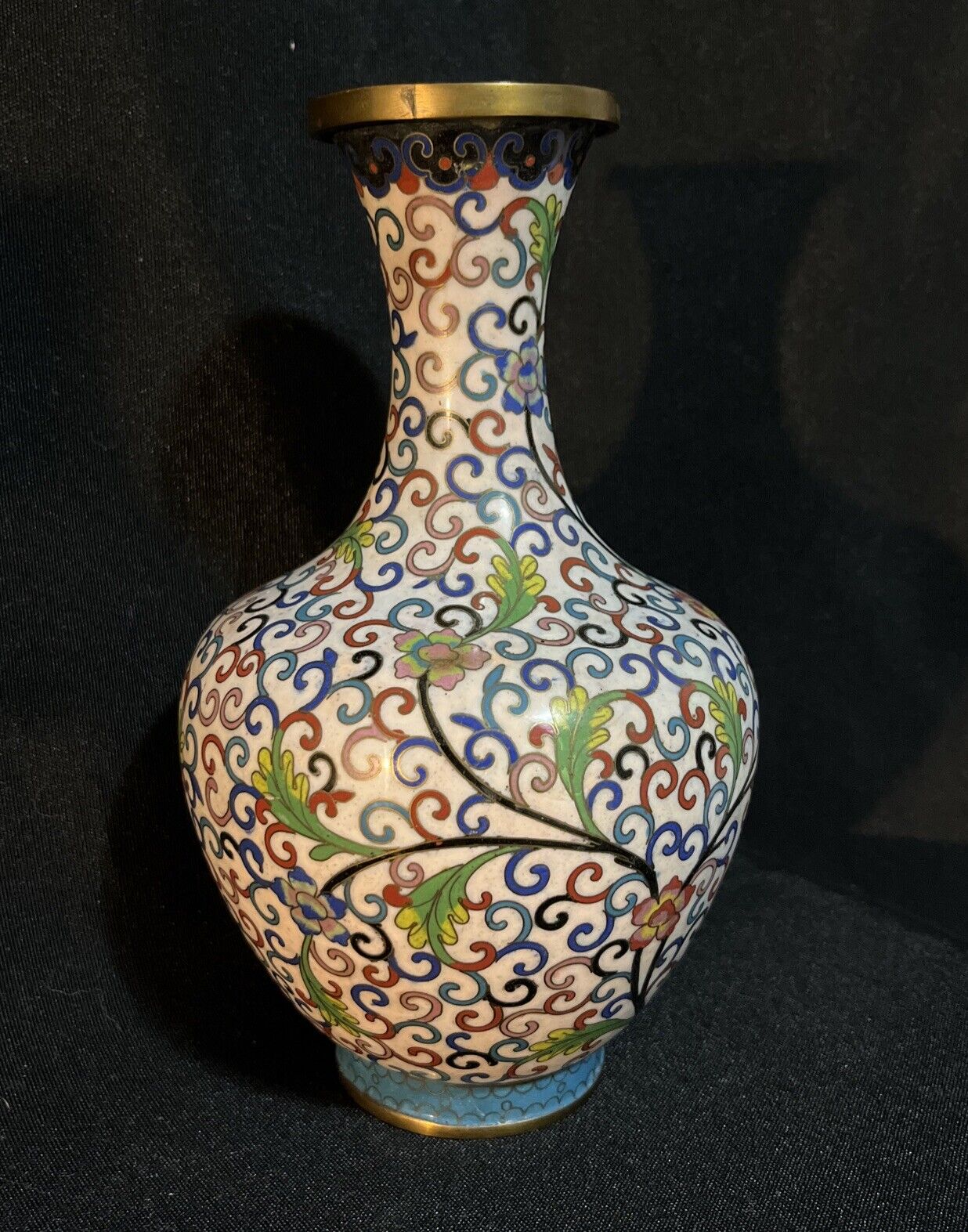 Vintage CLOISONNÉ Vase BRASS Chinese Floral Vine Multicolor 8” Blue Pink Green