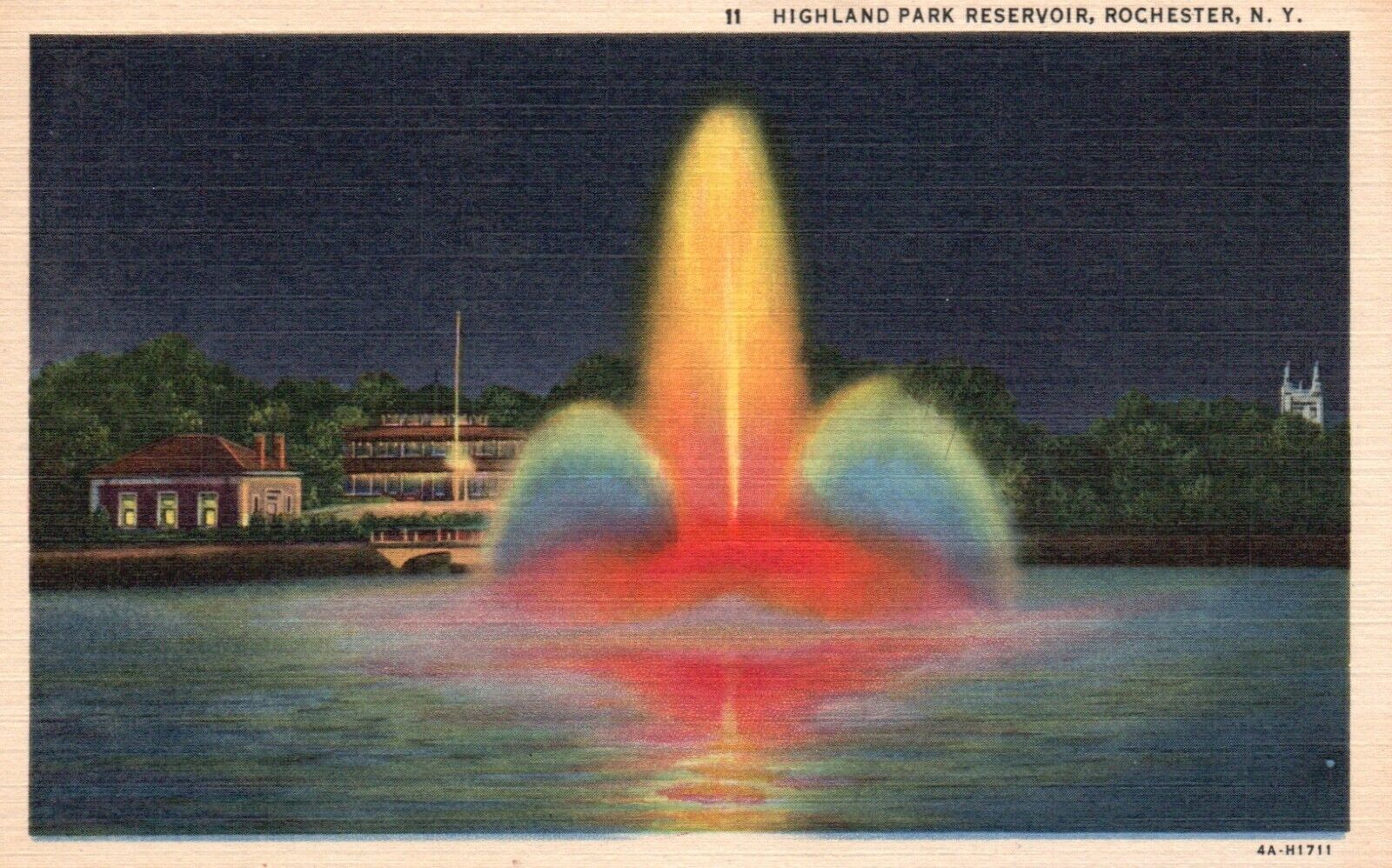 Postcard NY Rochester Highland Park Reservoir by Night Linen Vintage PC J6644