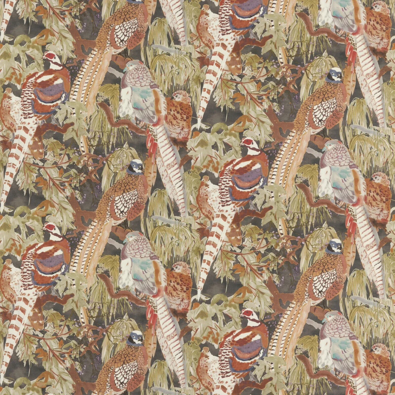 Mulberry Pheasant Quail Print Fabric- Game Birds Linen / Charcoal 2.90 yd FD269.