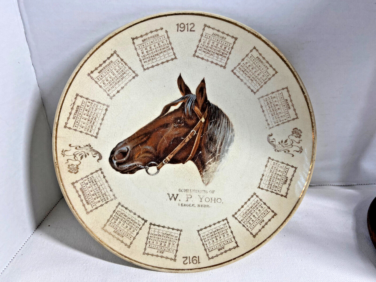 1912 W. P. Yoho Thoroughbred Horse/Floral Designed Calendar Plate W/Gold Trim