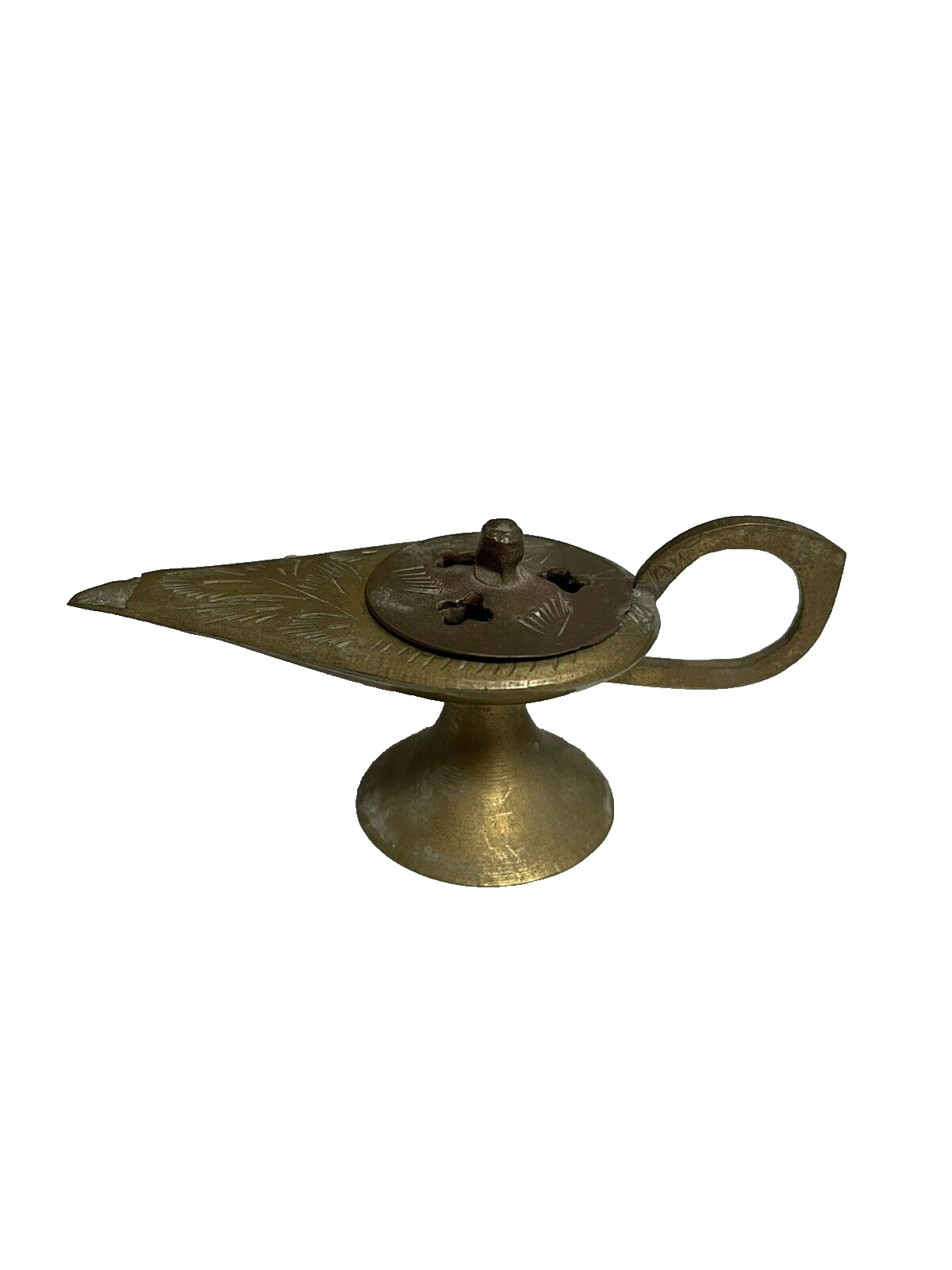 VTG Small Mini Brass Incense Burner Genie Oil Lamp Etched Aladdin w Lid