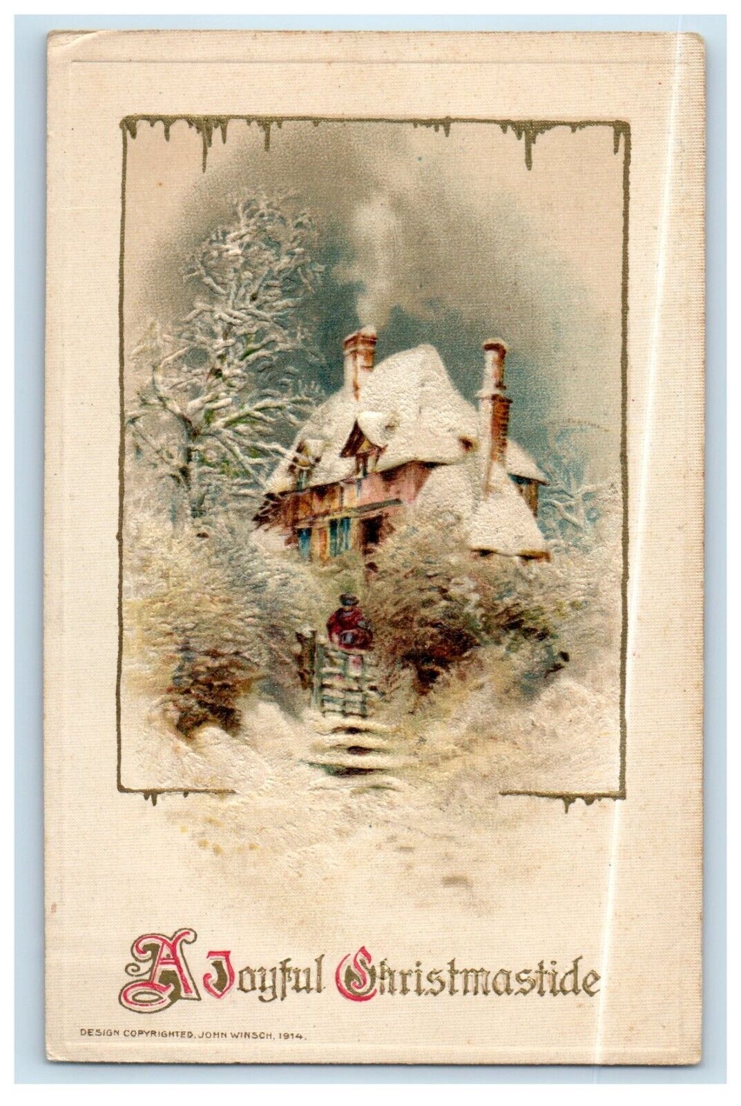 1914 A Joyful Christmastide Snow Winter John Winsch Embossed Art Signed Postcard