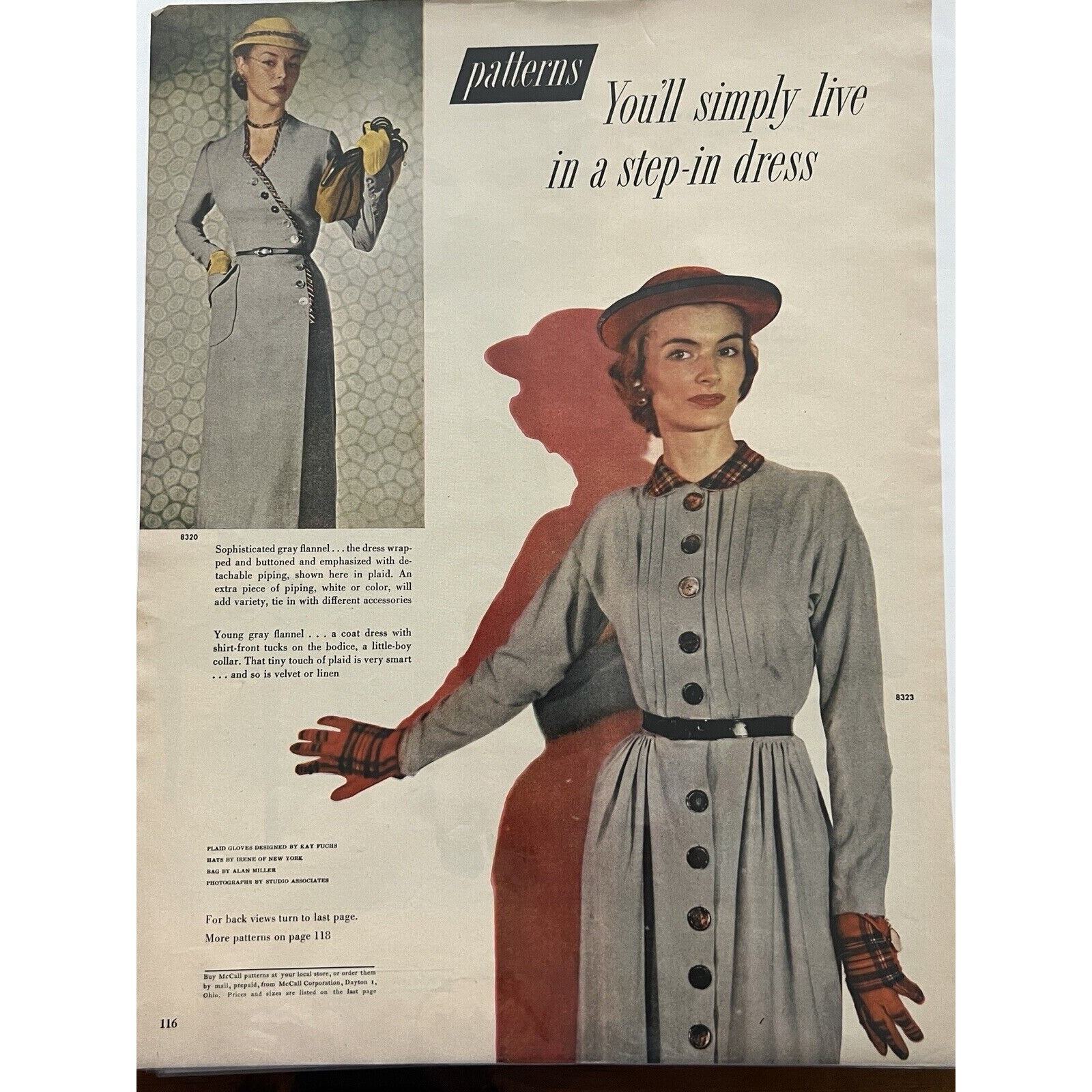 1950\'s Vintage Fashion McCall Pattern Magazine Print Ad Step In Dress Gray Red