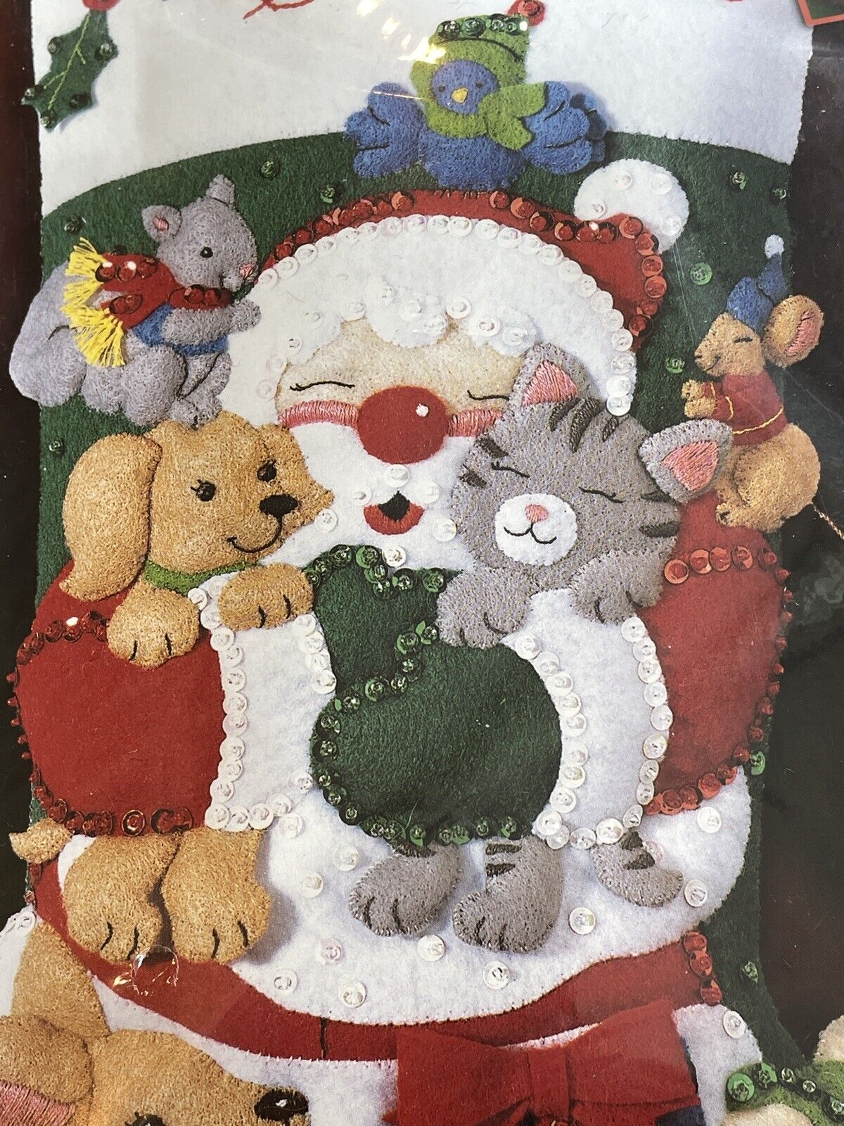 NIP Bucilla Christmas Hugs Animal Lover Felt Stocking Santa Cat Dog Mouse #84589