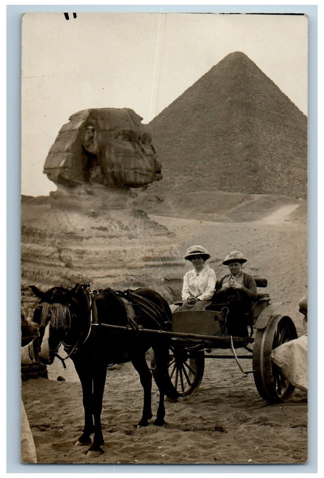 c1950's Horse Carriage Trip to Pyramid Sphinx Giza Egypt RPPC Photo Postcard