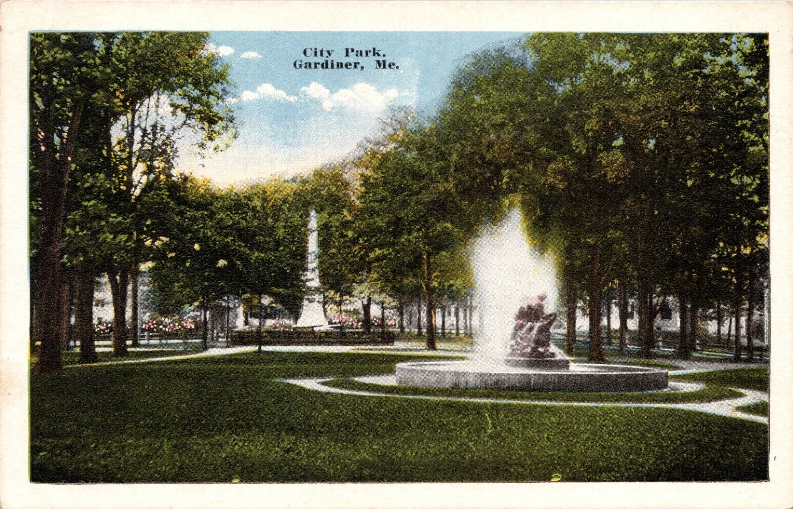 C1920s Gardiner ME City Park Fountain W Monument Unused Maine Postcard 55