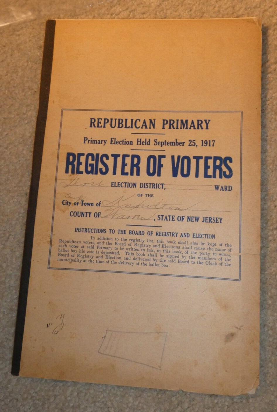 RARE Vintage 1917 Republican Primary Register of Voters Booklet Knowlton NJ
