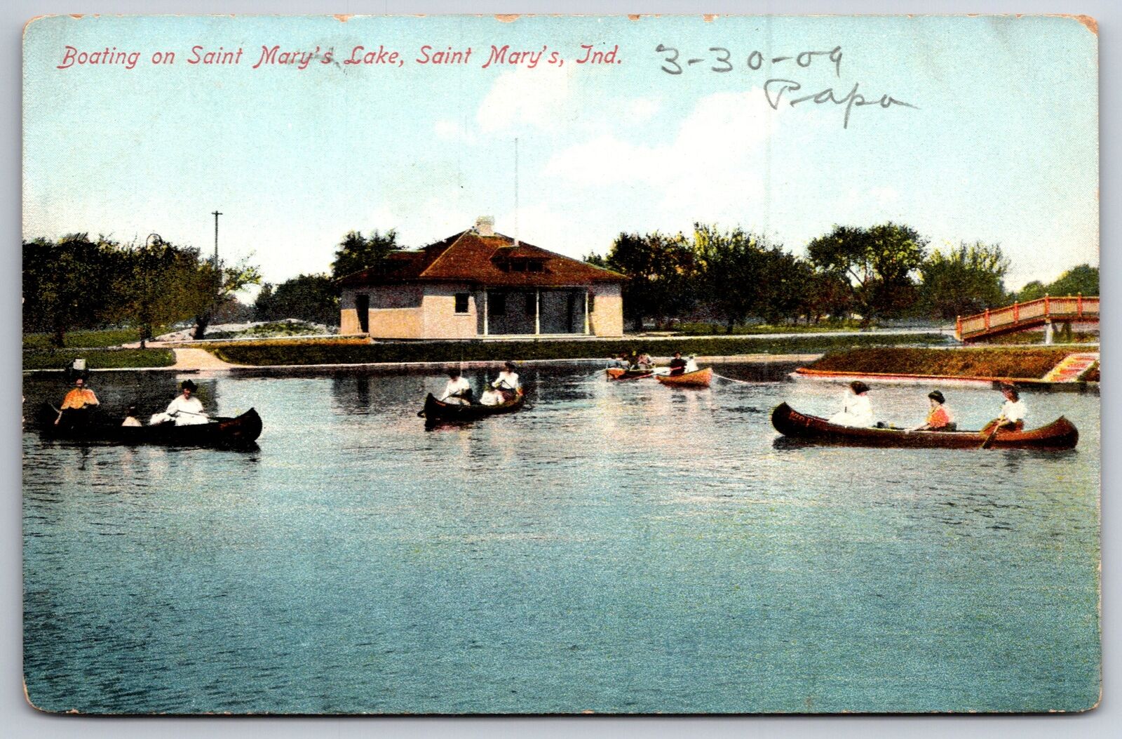 St Mary\'s Indiana~Boating On St Mary\'s Lake~Vintage Postcard