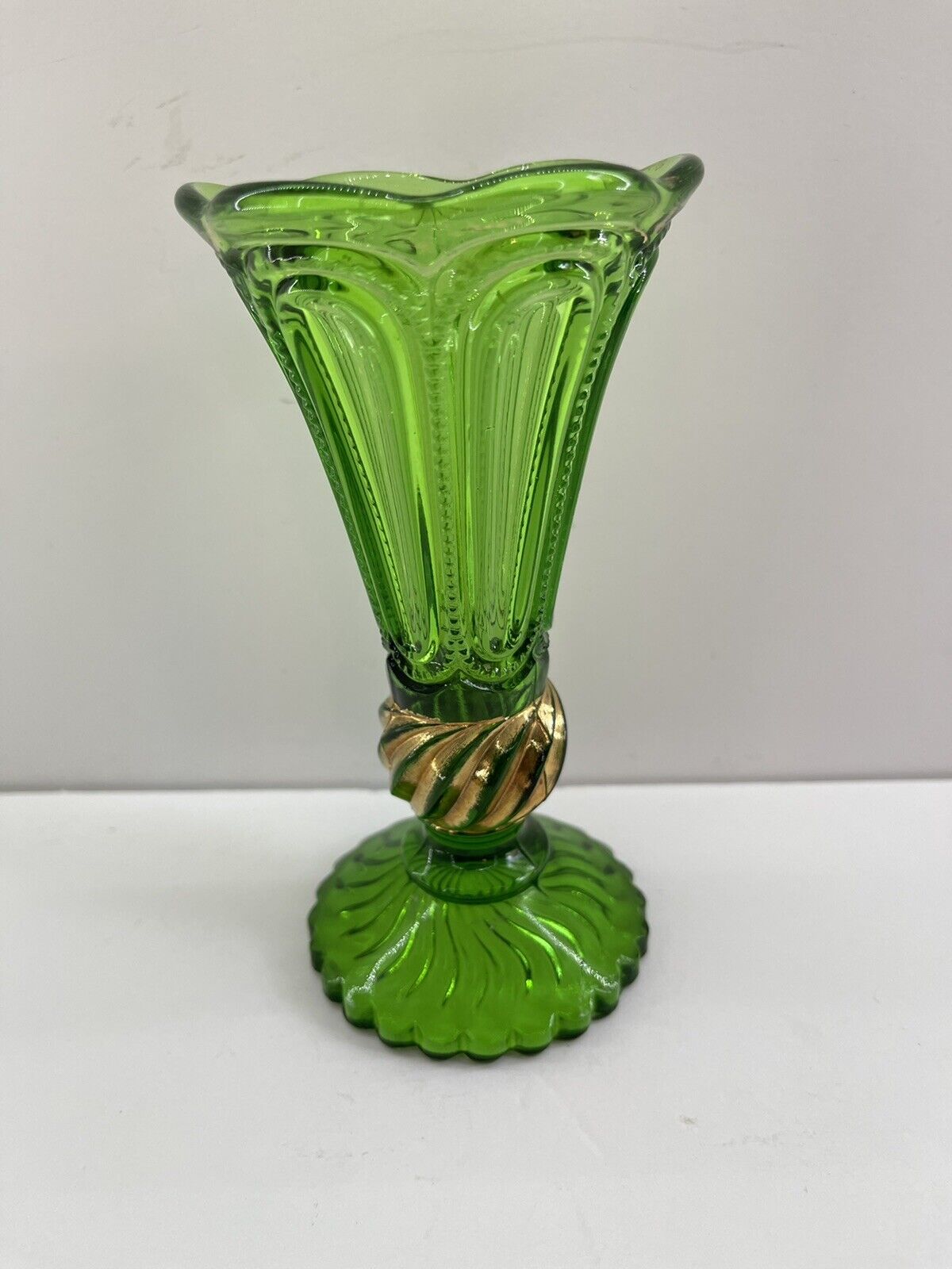 Antique EAPG U.S. Glass Green Bud Vase w/ Gold Circa 1898 6-1/8\