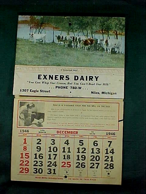 Vintage 1946 Calendar Exner Dairy, Niles, Michigan