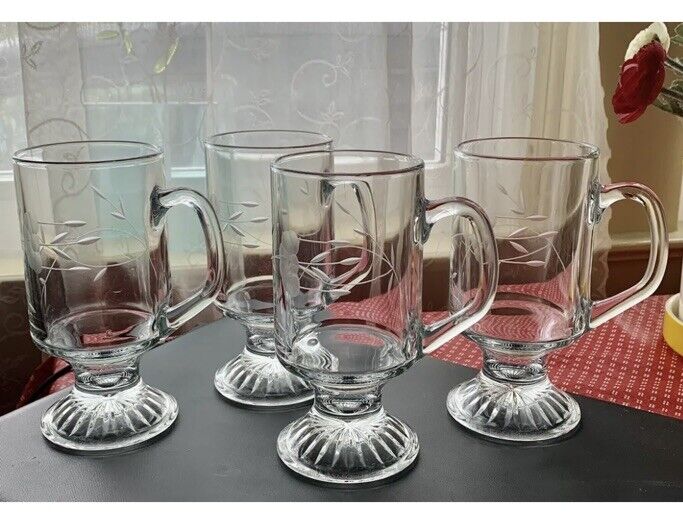 4 - Princess House Heritage Footed Crystal Irish Etched Coffee Cups