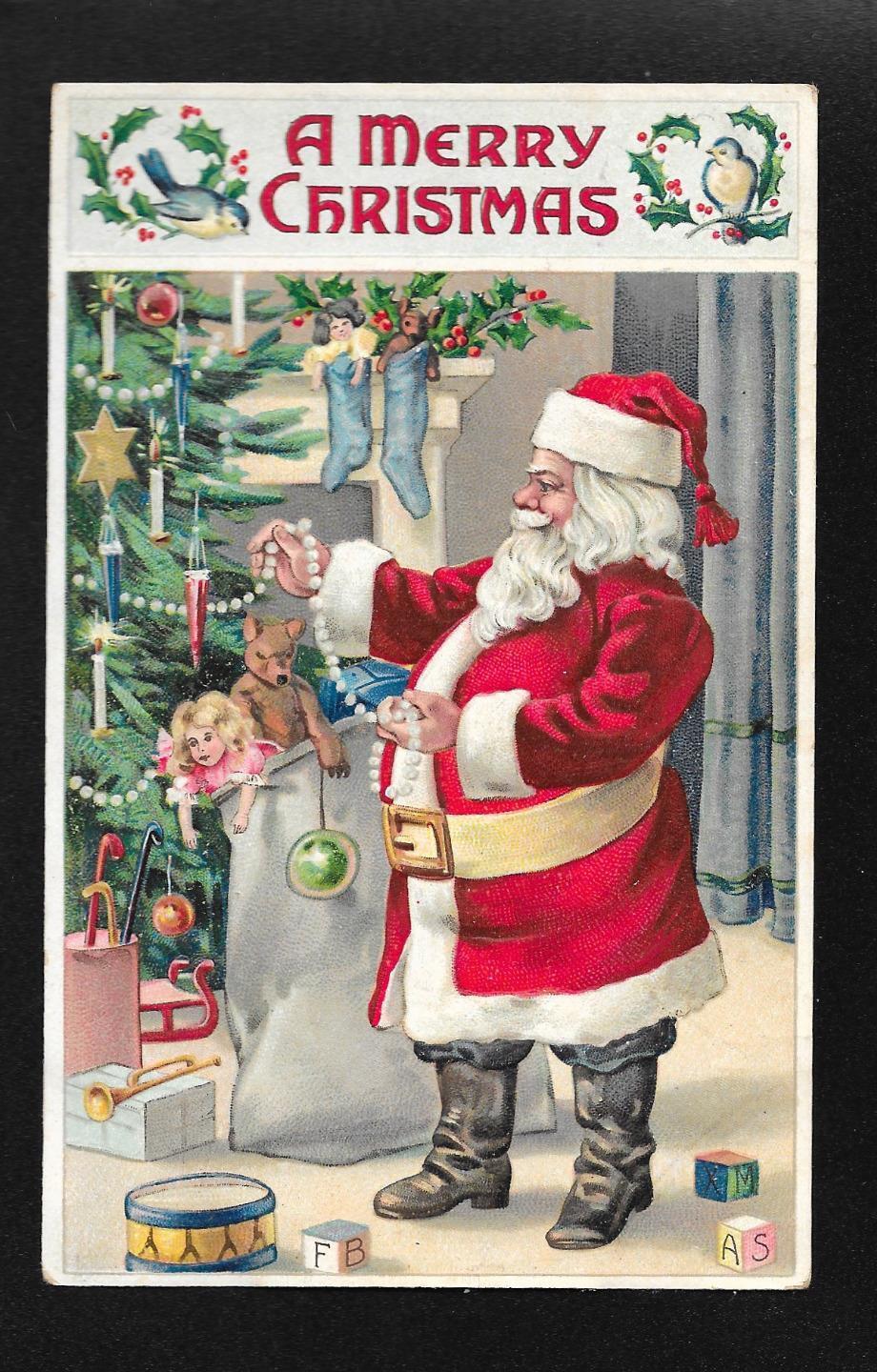 1909 Merry Christmas Santa Decorating Tree Embossed Postcard