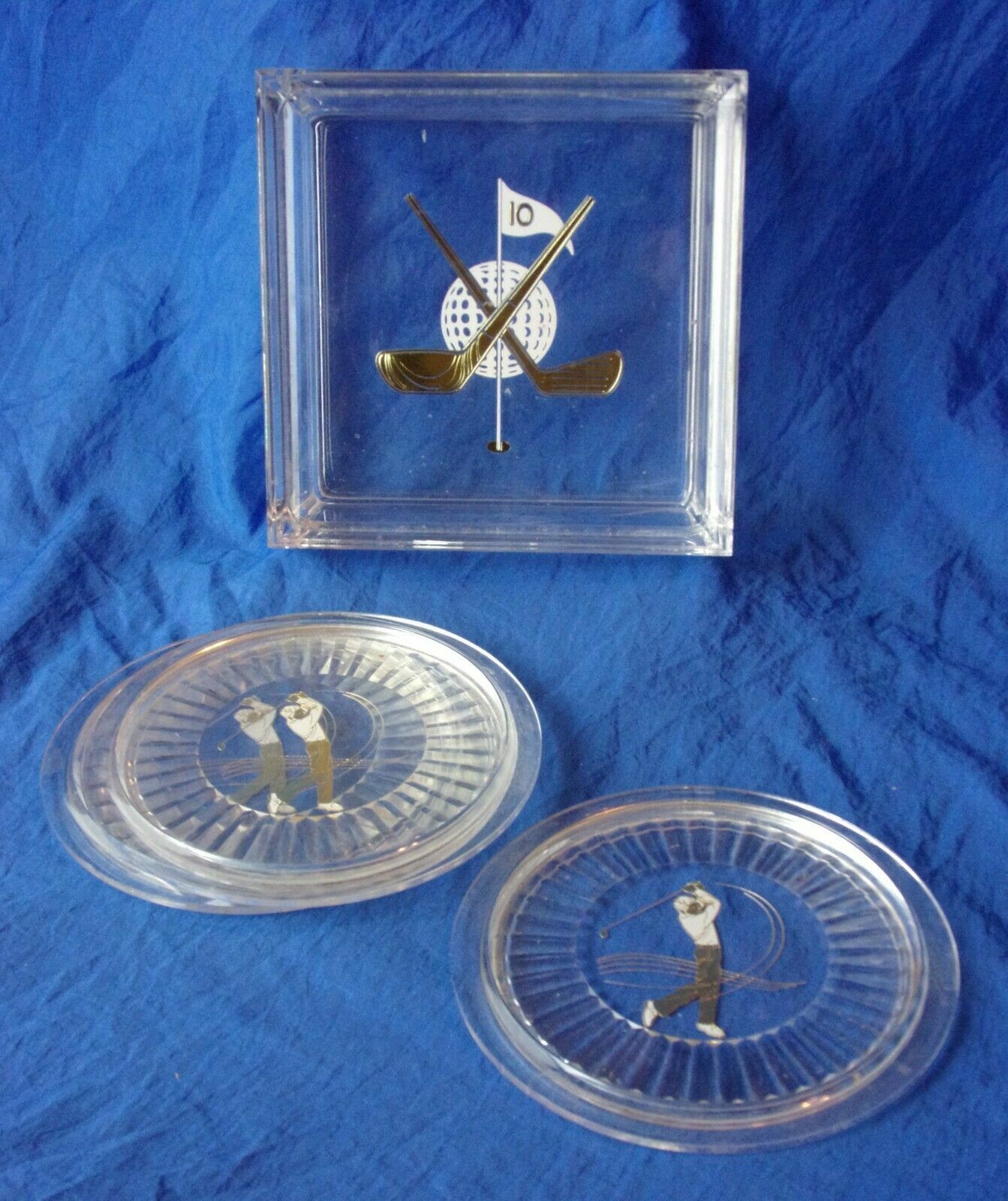 GOLF Themed Acrylic Drink Coasters w/ Storage Container 3 Coasters Vintage