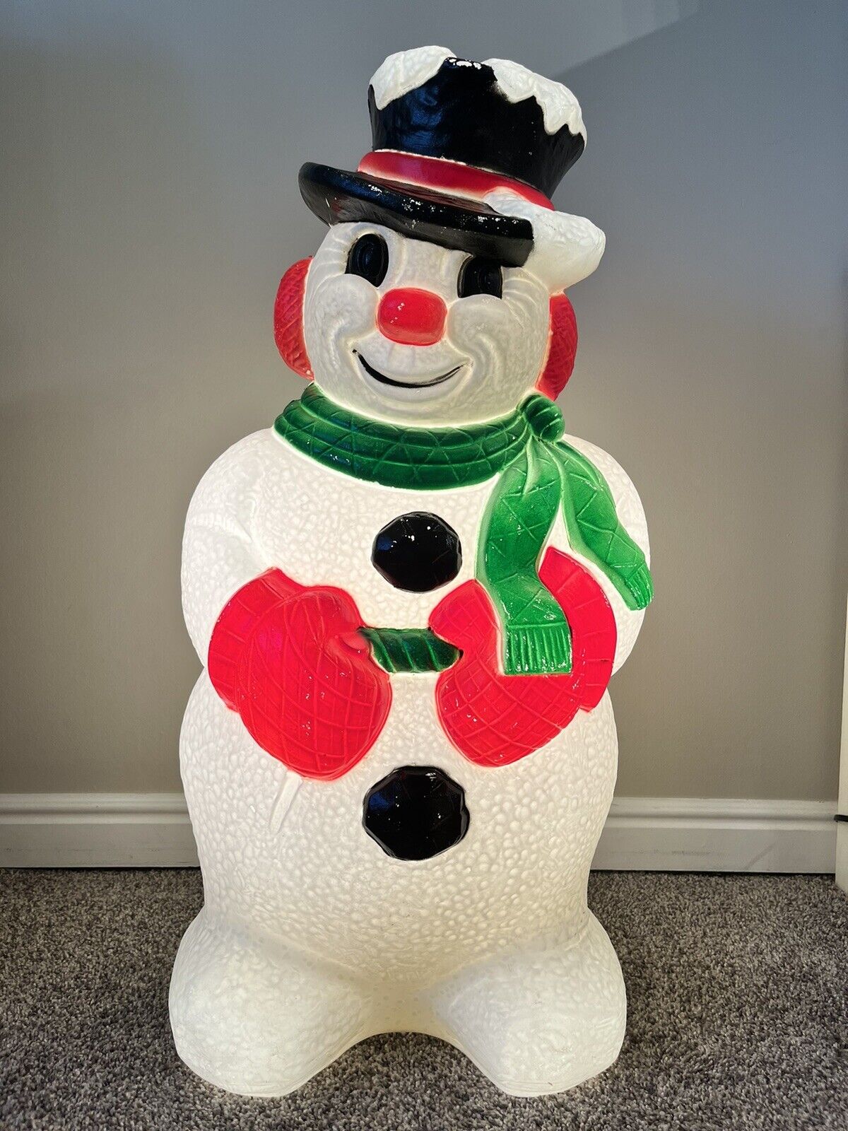 Vintage Grand Venture Snowman Christmas Green Scarf Lighted Blow Mold 30”