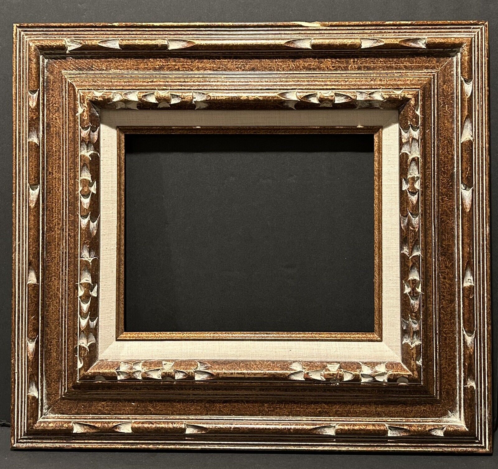 Vintage Intricate Linen Lined White Wash Carved Wood Picture Frame
