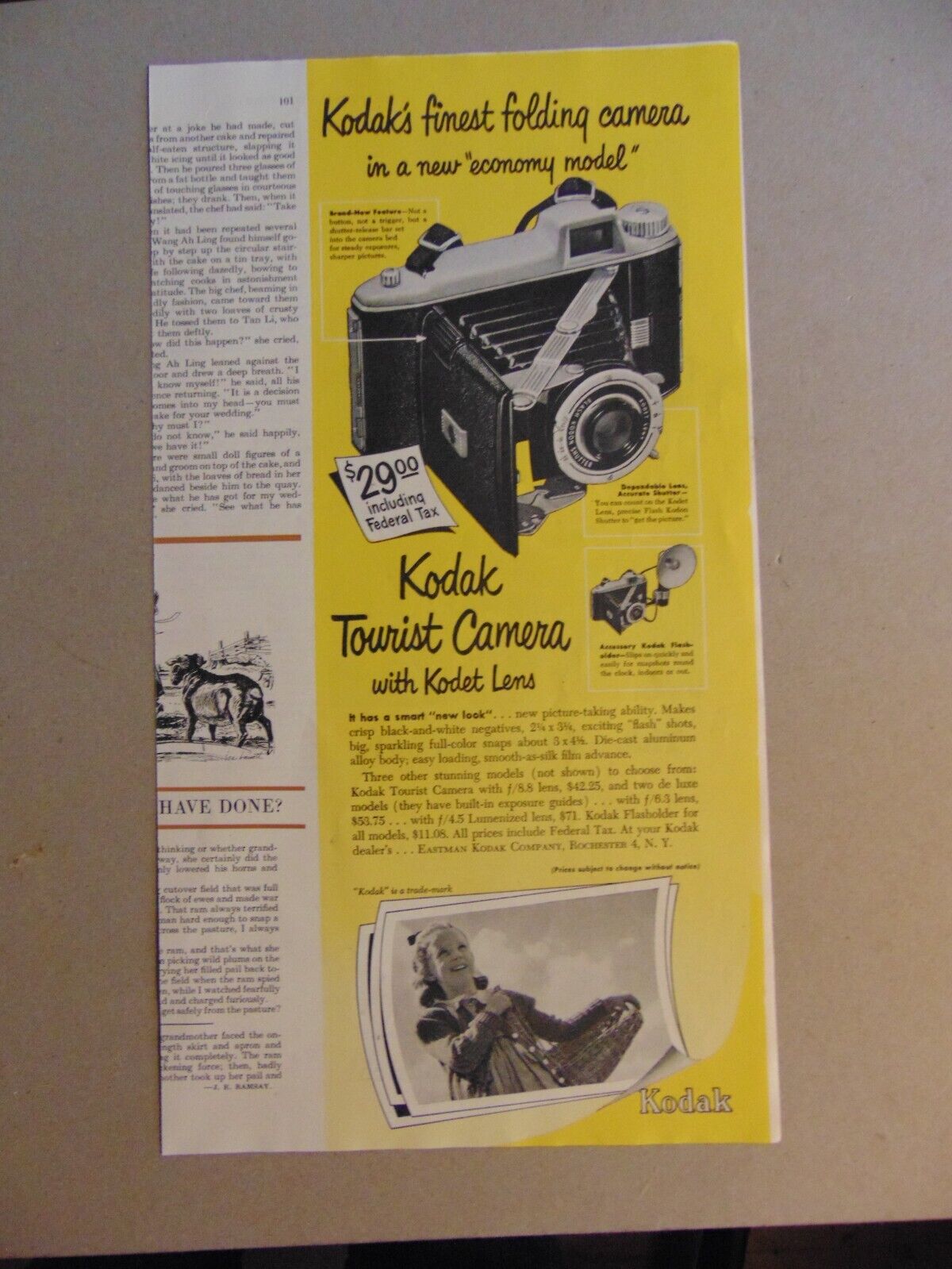 1949 KODAK FOLDING TOURIST CAMERA  vintage print ad