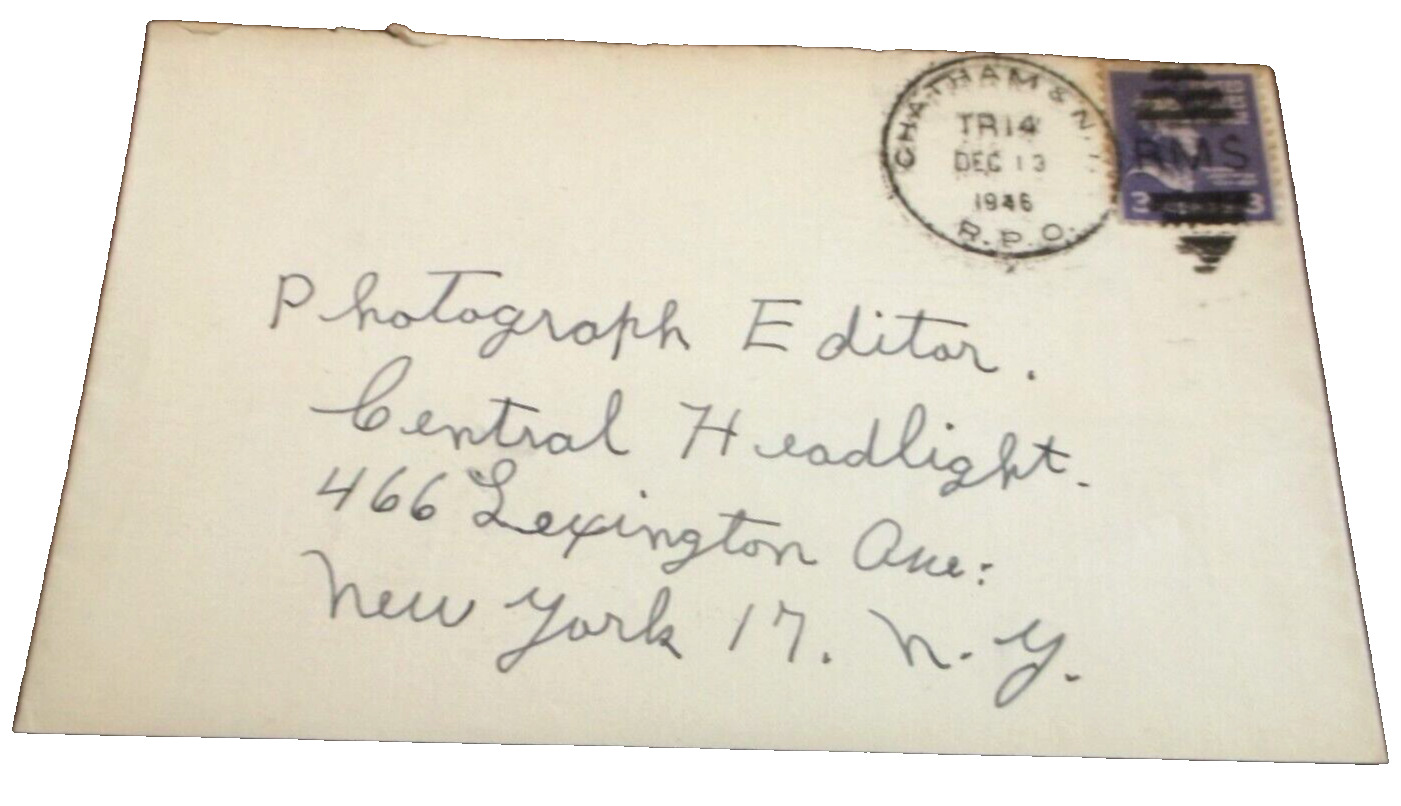 DECEMBER 1946 NEW YORK CENTRAL NYC HARLEM LINE CHATHAM & NEW YORK RPO ENVELOPE
