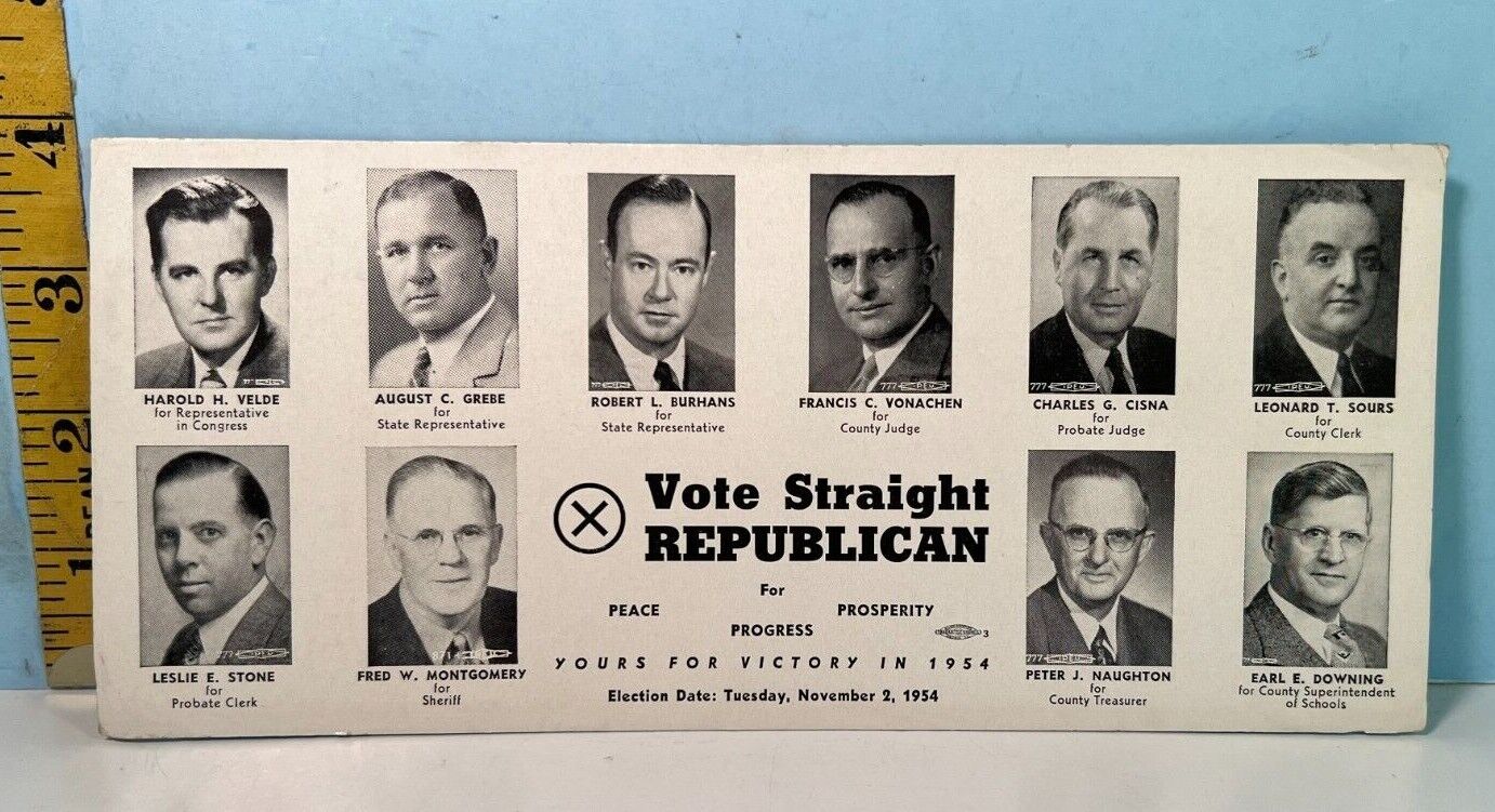 1954 Illinois Vote Straight Republican Voter Guide Blotter Card