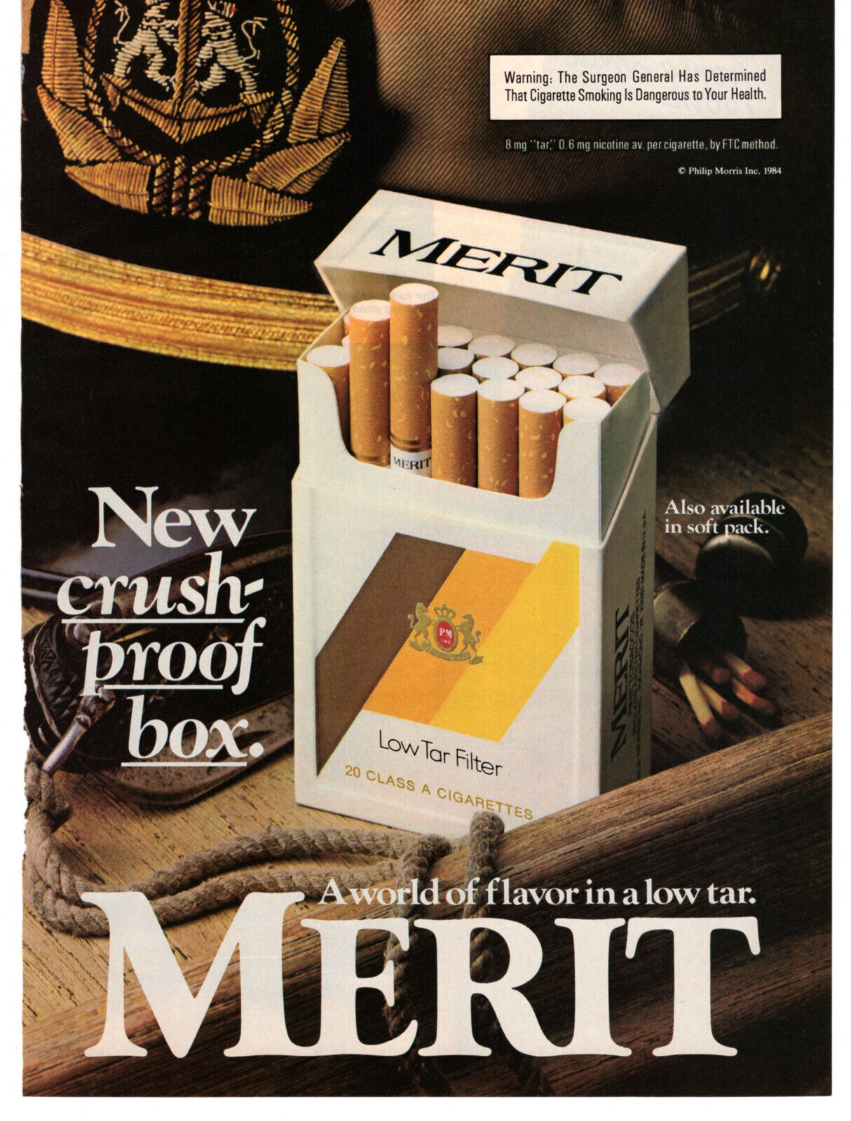 MERIT Cigarettes Crush-Proof Box Sailing 1985 Vintage Print Ad Original Man Cave