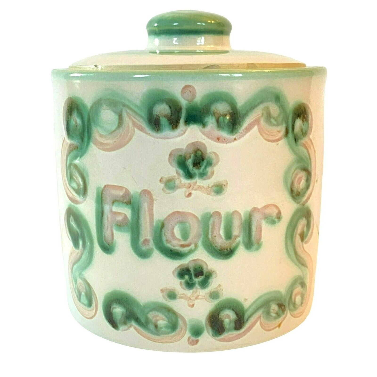M.A. Hadley Pottery Flour Canister Pears & Grapes in Green Peach Please Fill Me