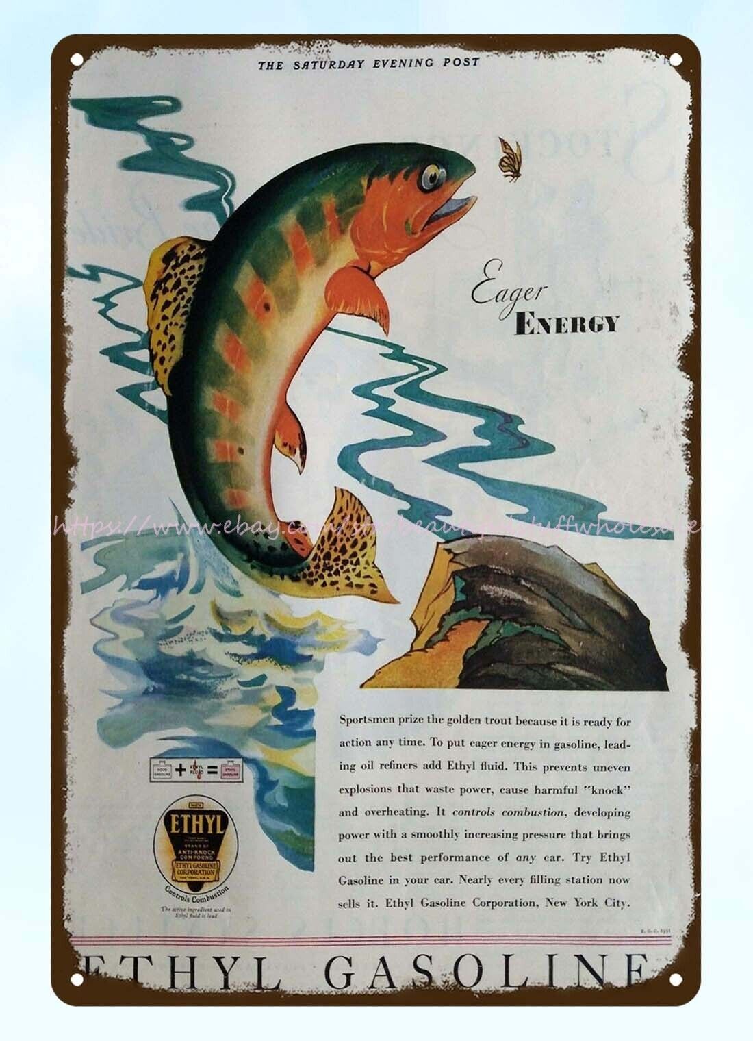 1931 Ethyl gas gasoline rainbow trout fish eager energy metal tin sign & decor
