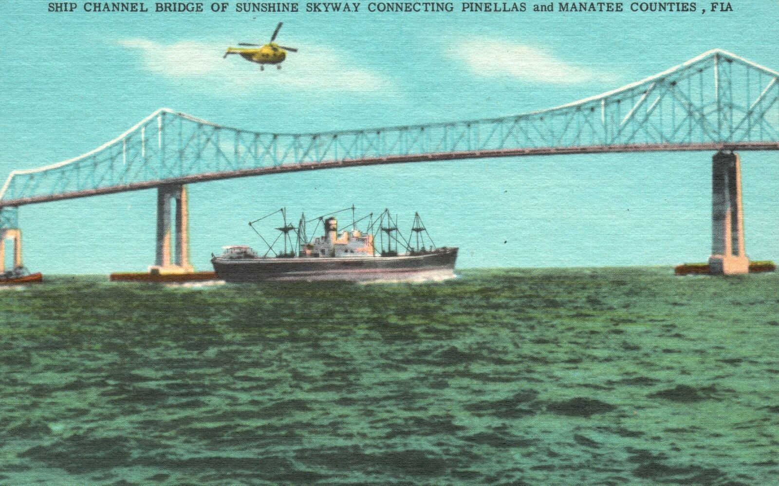 Vintage Postcard 1930's Ship Chanel Bridge of Sunshine Skyway Manatee County FL