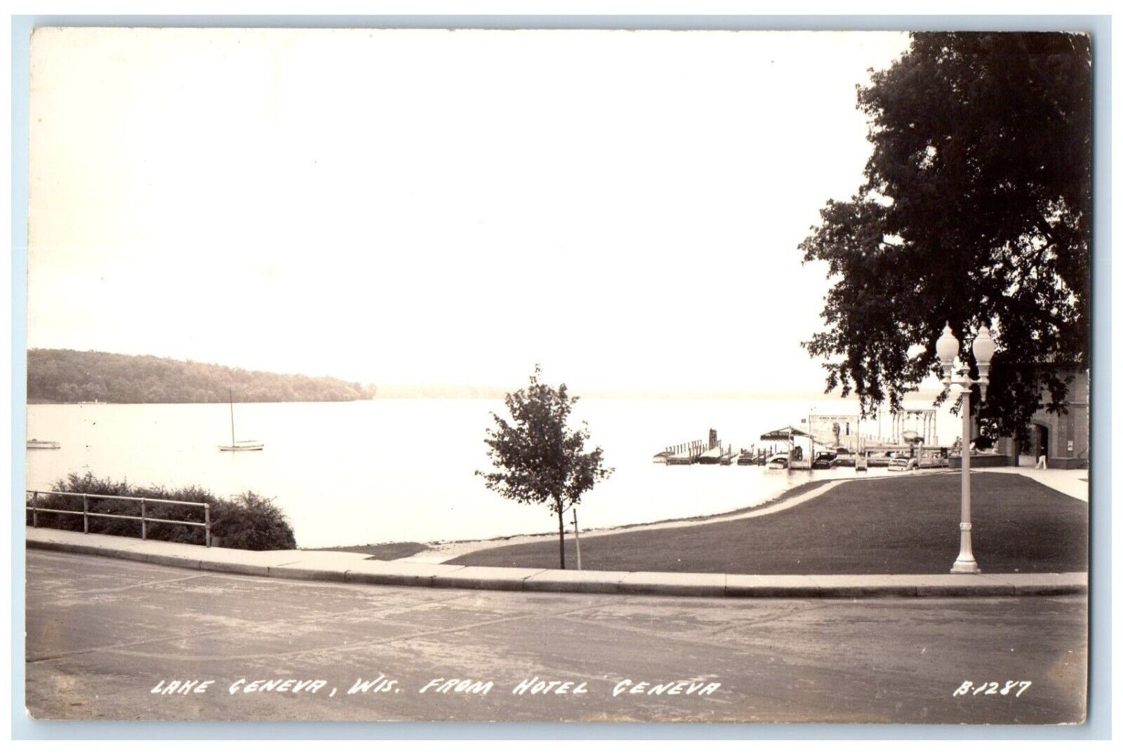 c1940s View Of Lake Geneva From Hotel Dock Boat Wisconsin WI RPPC Photo Postcard
