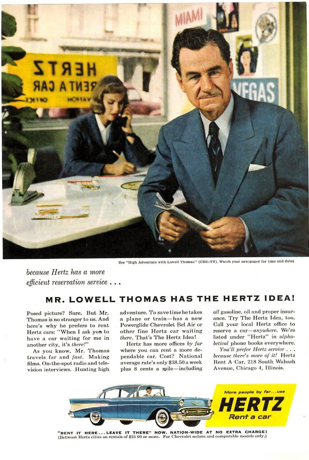 1957 Print Ad Hertz Rent a Car Mr Lowell Thomas has the Hertz idea Efficient