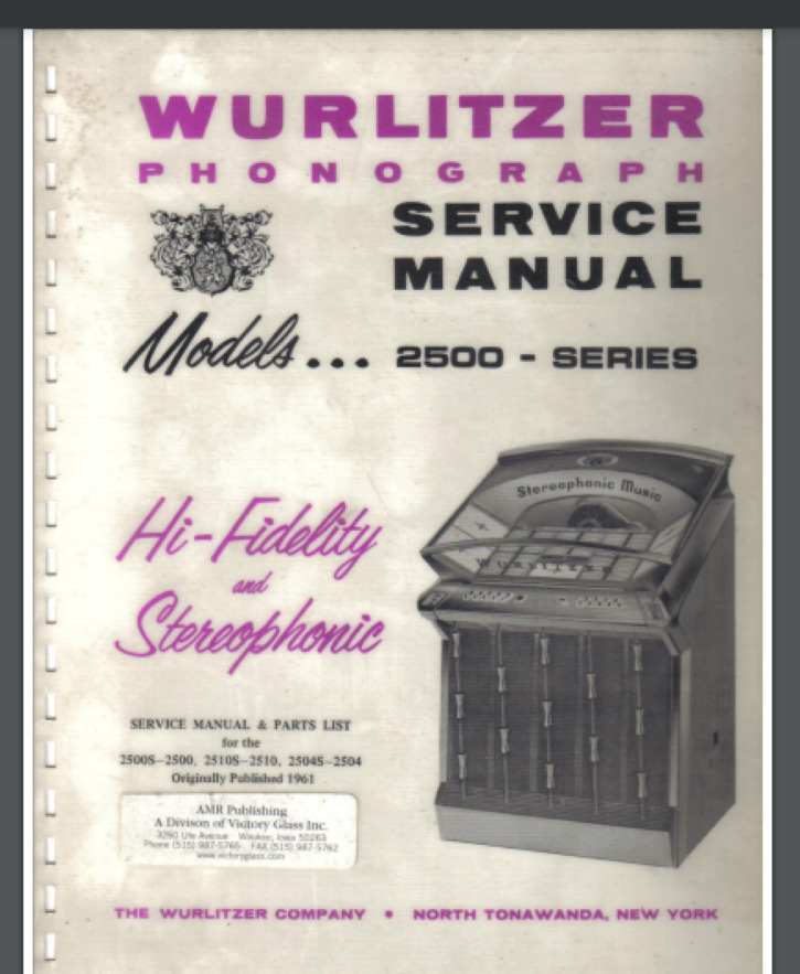 Wurlitzer Jukebox 2500 series Service Manual 112 pages 2500s 2510s 2510 2504s ++
