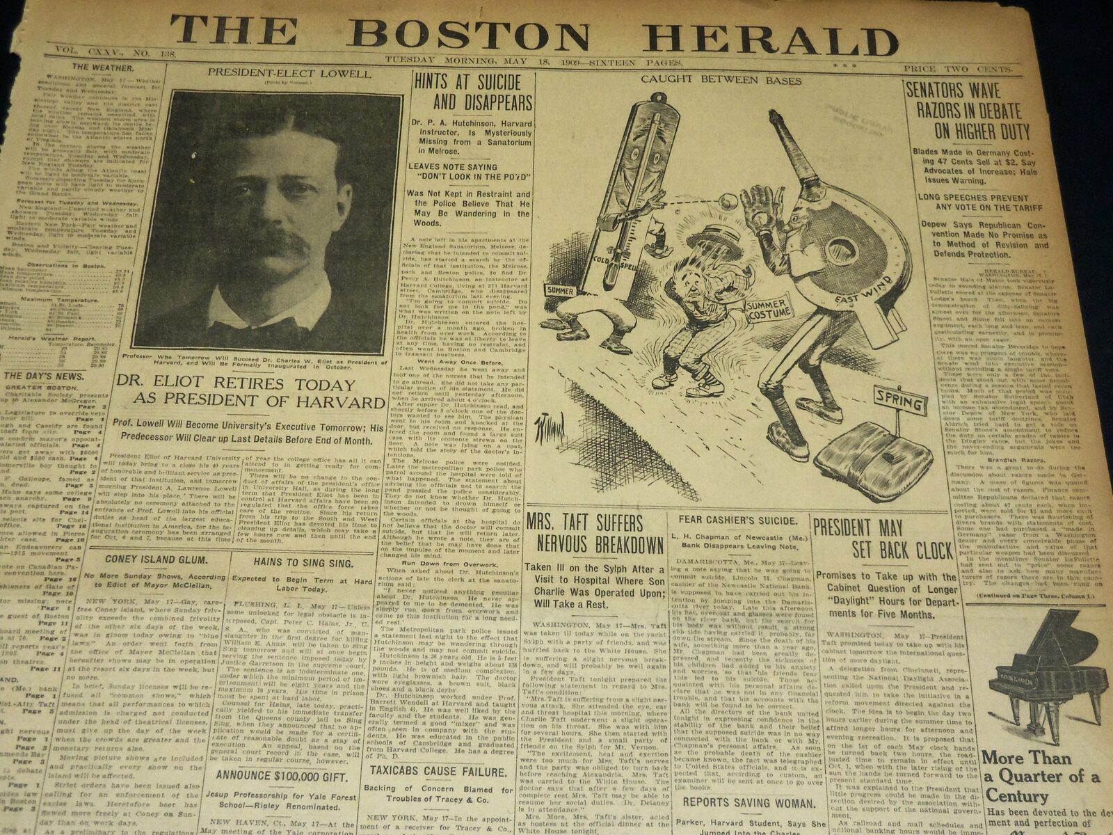 1909 MAY 18 THE BOSTON HERALD - DR. ELOT RETIRES LOWELL PRESIDENT - BH 403