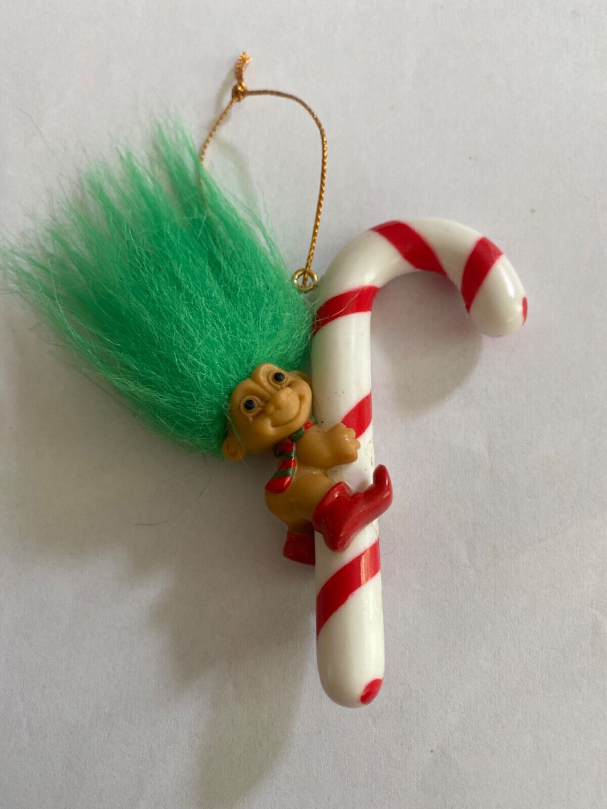 Vintage Russ Troll on Candy Cane Christmas Ornament, Green Hair