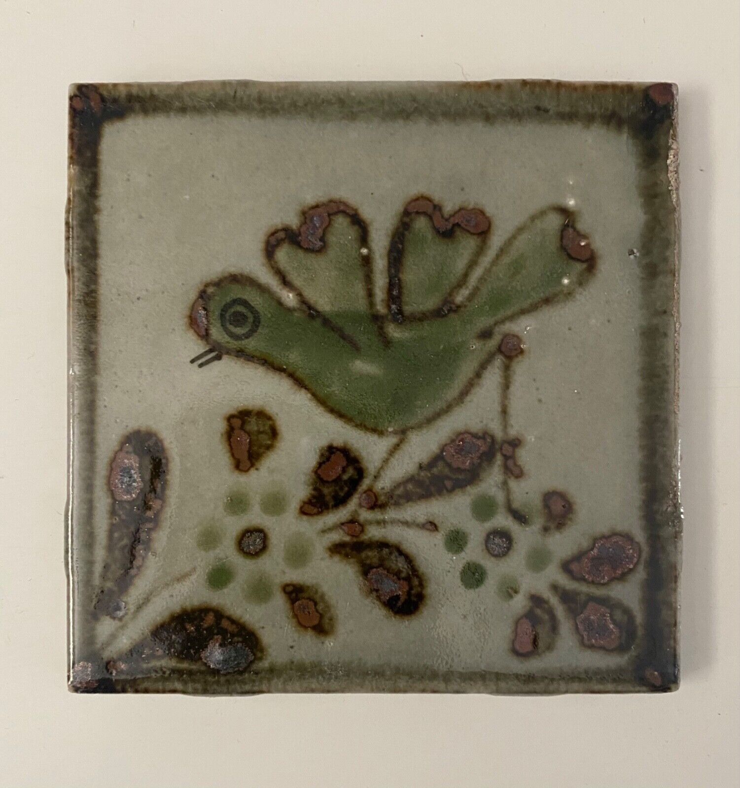 Vintage Ken Edwards Mexican Tonala Pottery Ceramic Tile Green Bird