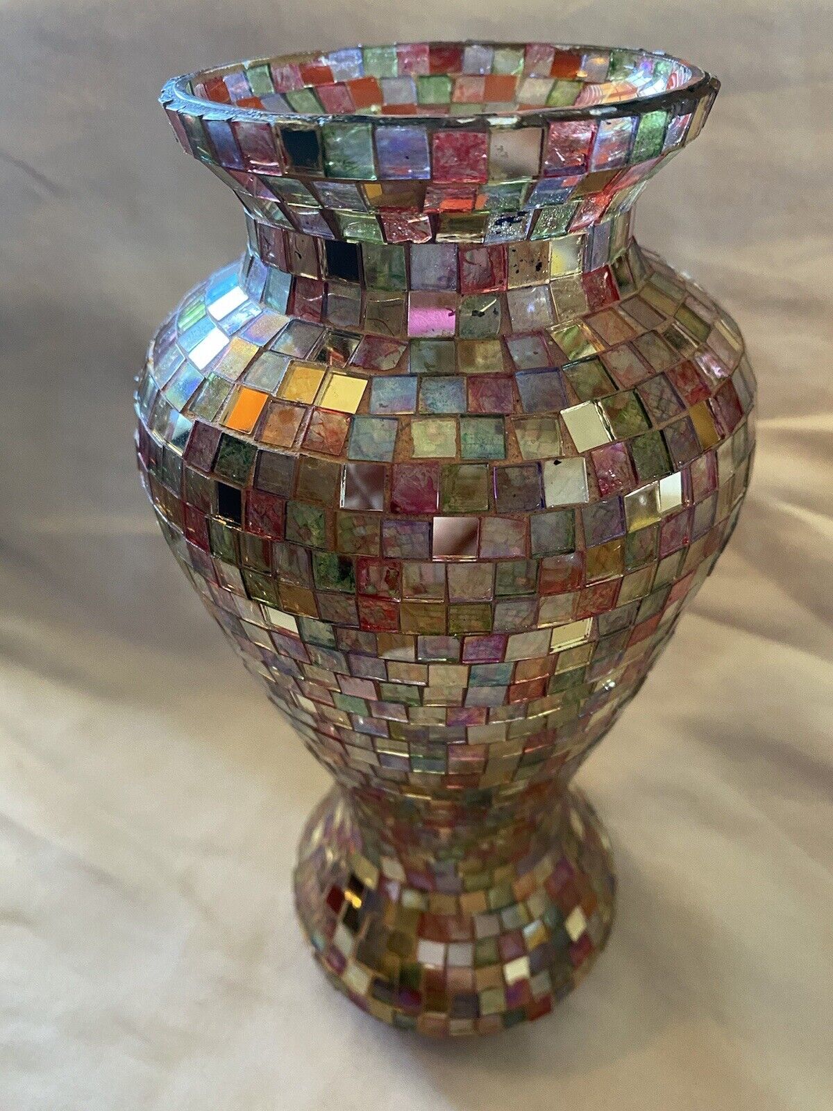 VINTAGE LEADED MOSAIC GLASS VASE - Multi-colored Glass Pieces, 10.5” Tall