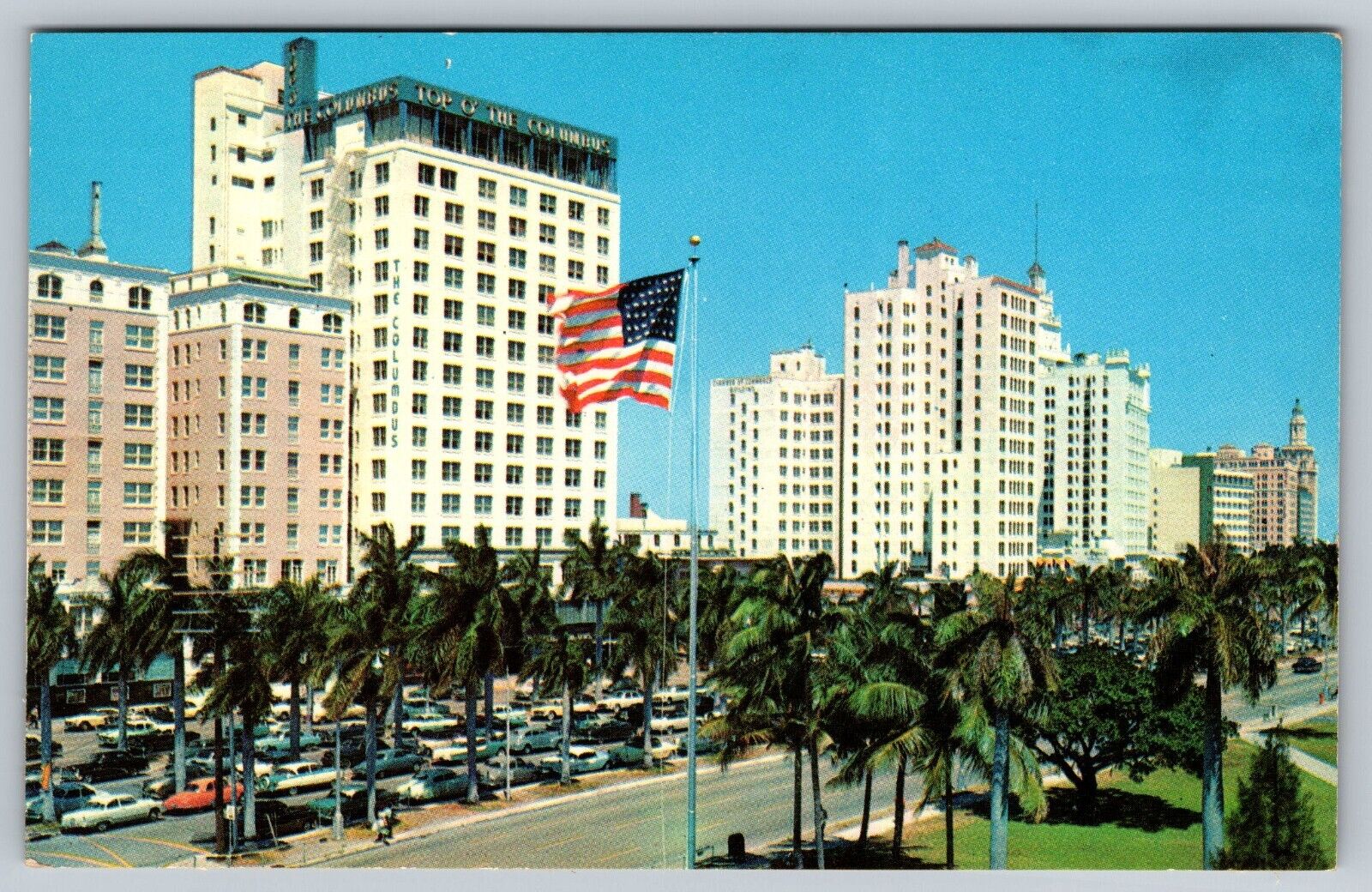 Biscayne Boulevard Miami Florida American Flag Postcard - M4
