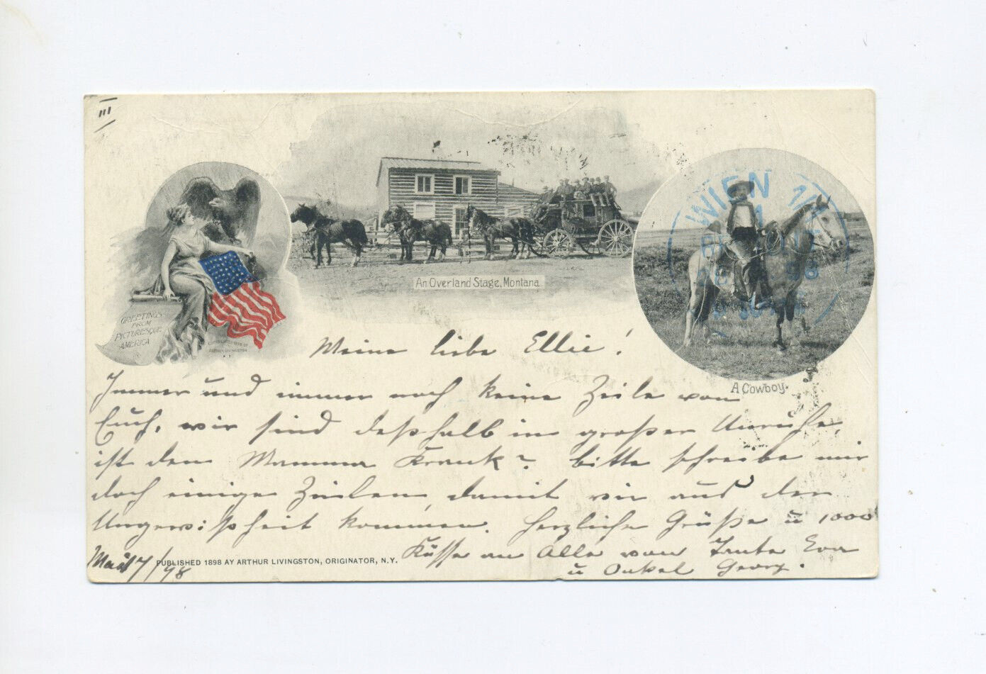 1898 US patriotic souvenir postcard with overland stage Montana and Cowboy