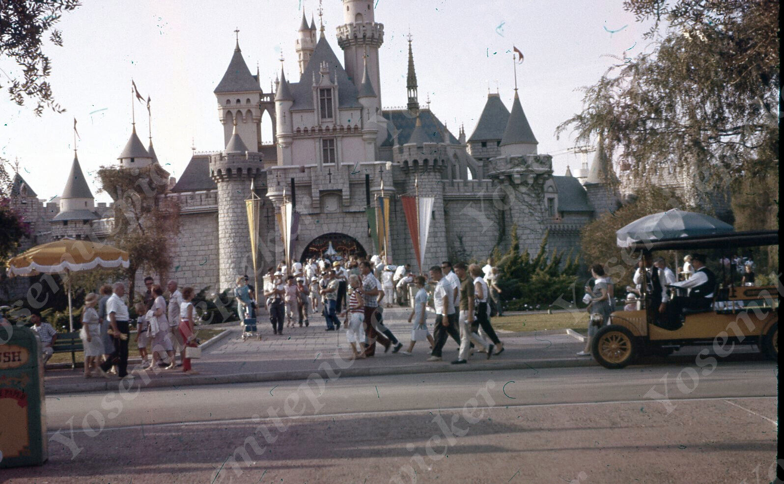 sl64  Original slide 1960\'s sepia  Disneyland Castle car 030a