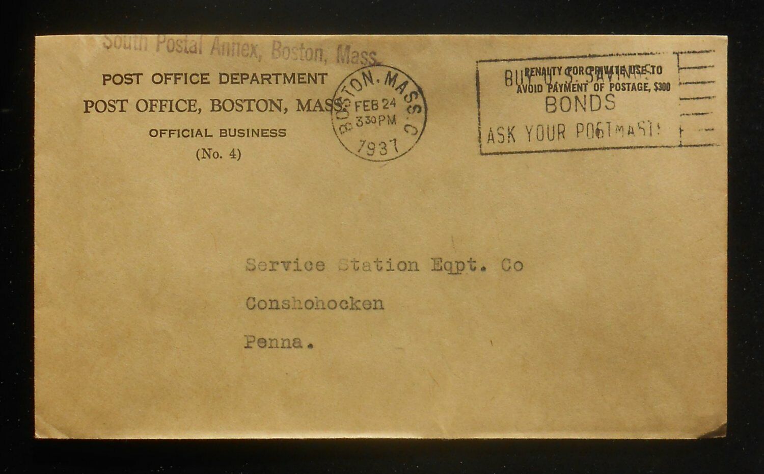 1937 POSTAL HISTORY Post Office Official Business South Postal Annex Boston MA