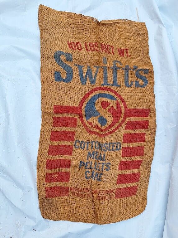 VINTAGE SWIFT'S COTTONSEED MEAL CHICAGO ILL/ LARGE BURLAP FEED SACK 100 LBS