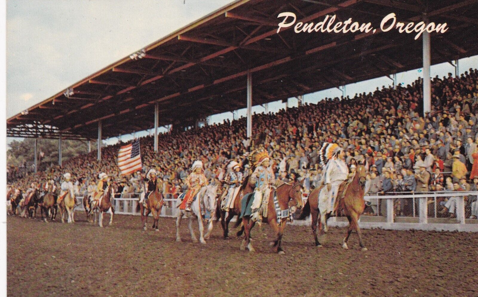Indians at Pendleton Rodeo Pendleton Oregon Postcard 1950\'s