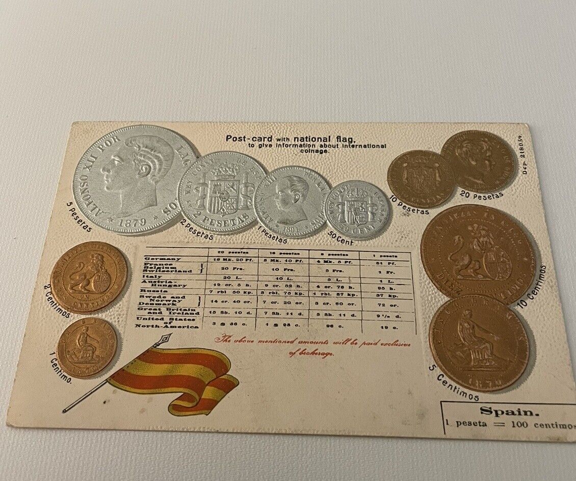 Embossed coinage national flag & coins vintage postcard currency  Spain