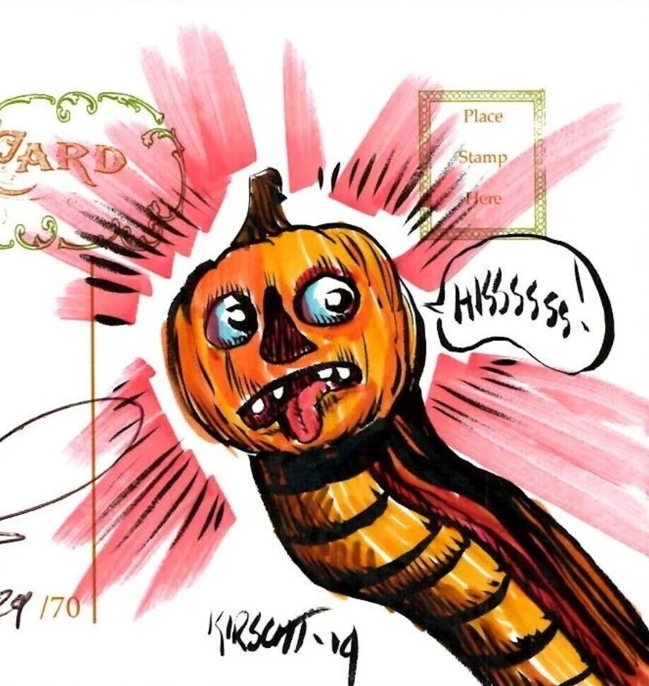 Halloween Matthew Kirscht Lets Go Scary Skelton Cats Hand Sketch S/N Postcard MK