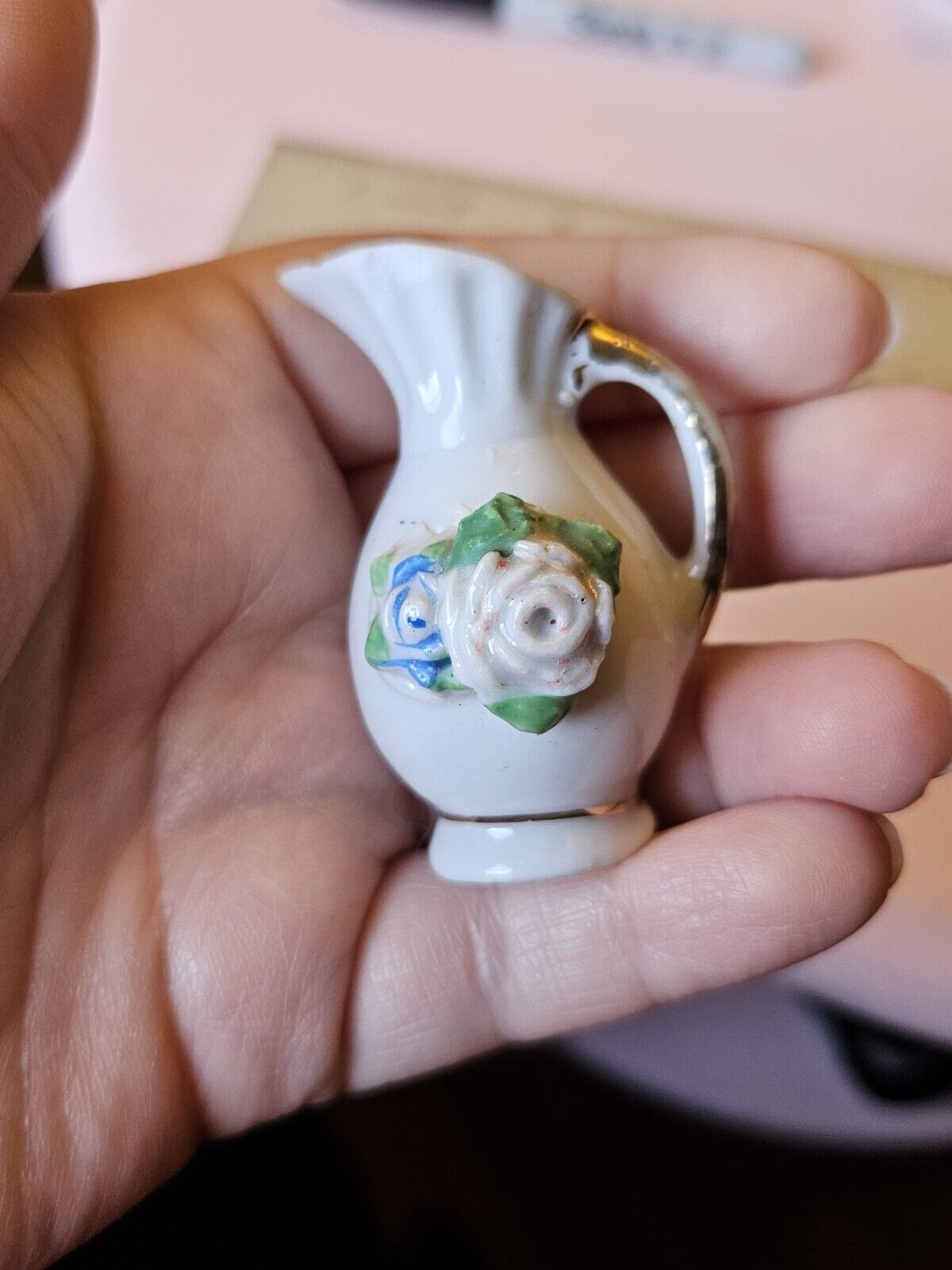VTG Occupied Japan Miniature Porcelain Pitcher Vase Applied Roses Vintage 