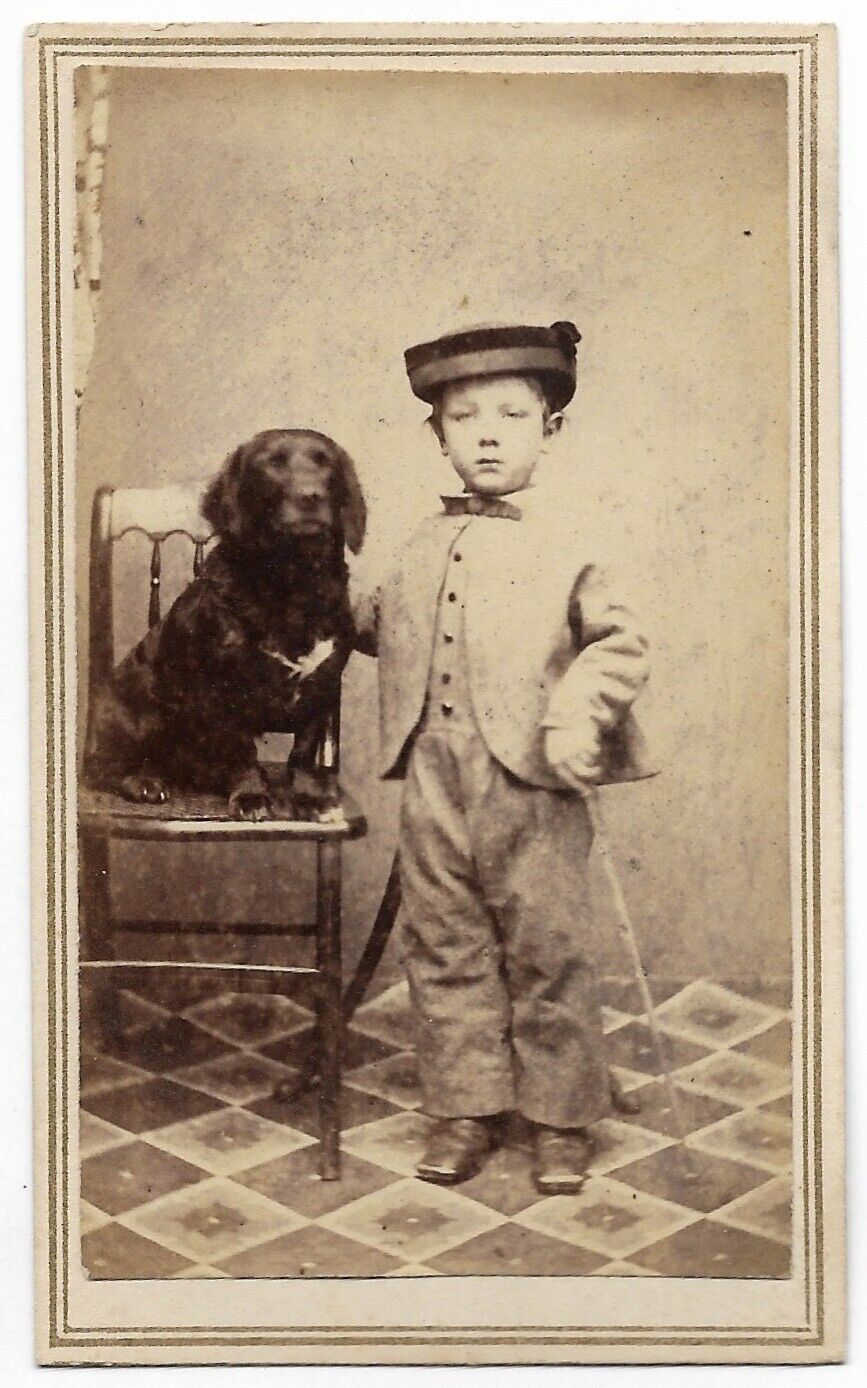 Antique BOY W/ DOG Wearing Hat & Cane ORIGINAL CDV PHOTO Victorian Pet Portrait