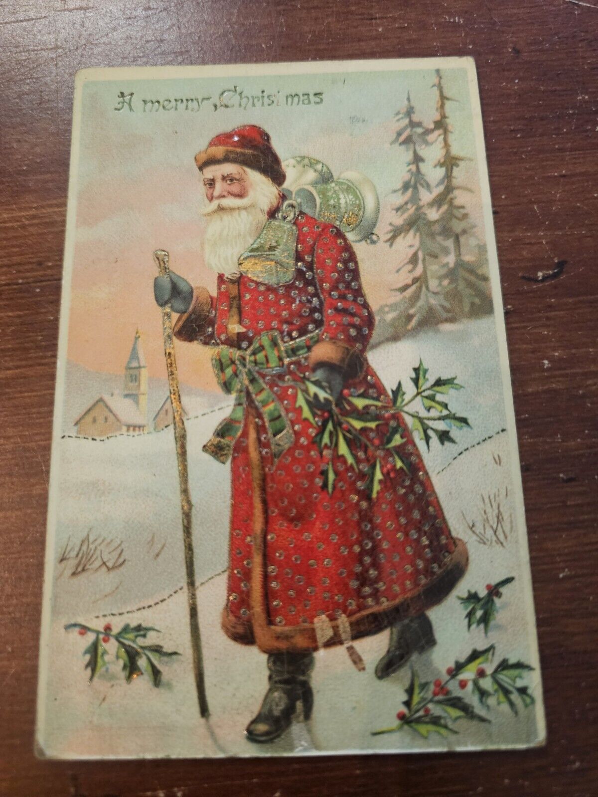 Santa Claus Walking w/ Cane & Bells Antique Embossed Christmas Postcard Germany 