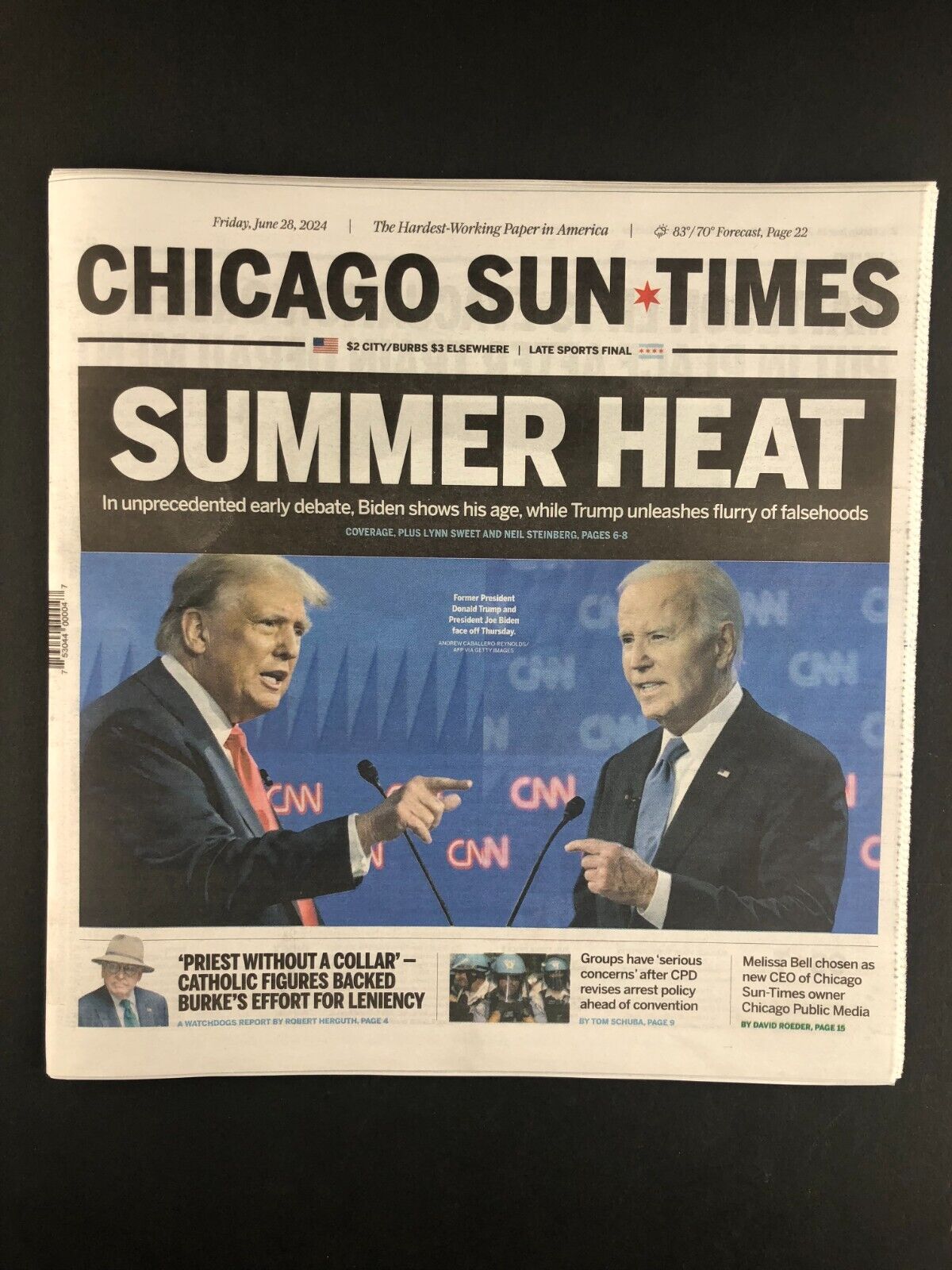 Presidential Debate 2024 - Chicago Sun-Times Newspaper - 6-28-24 - NEW