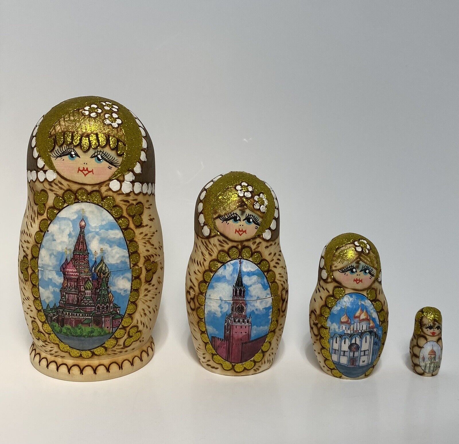4 ct Vintage Russian Nesting Dolls Signed Painted Burned Wood 6.5” Landmarks