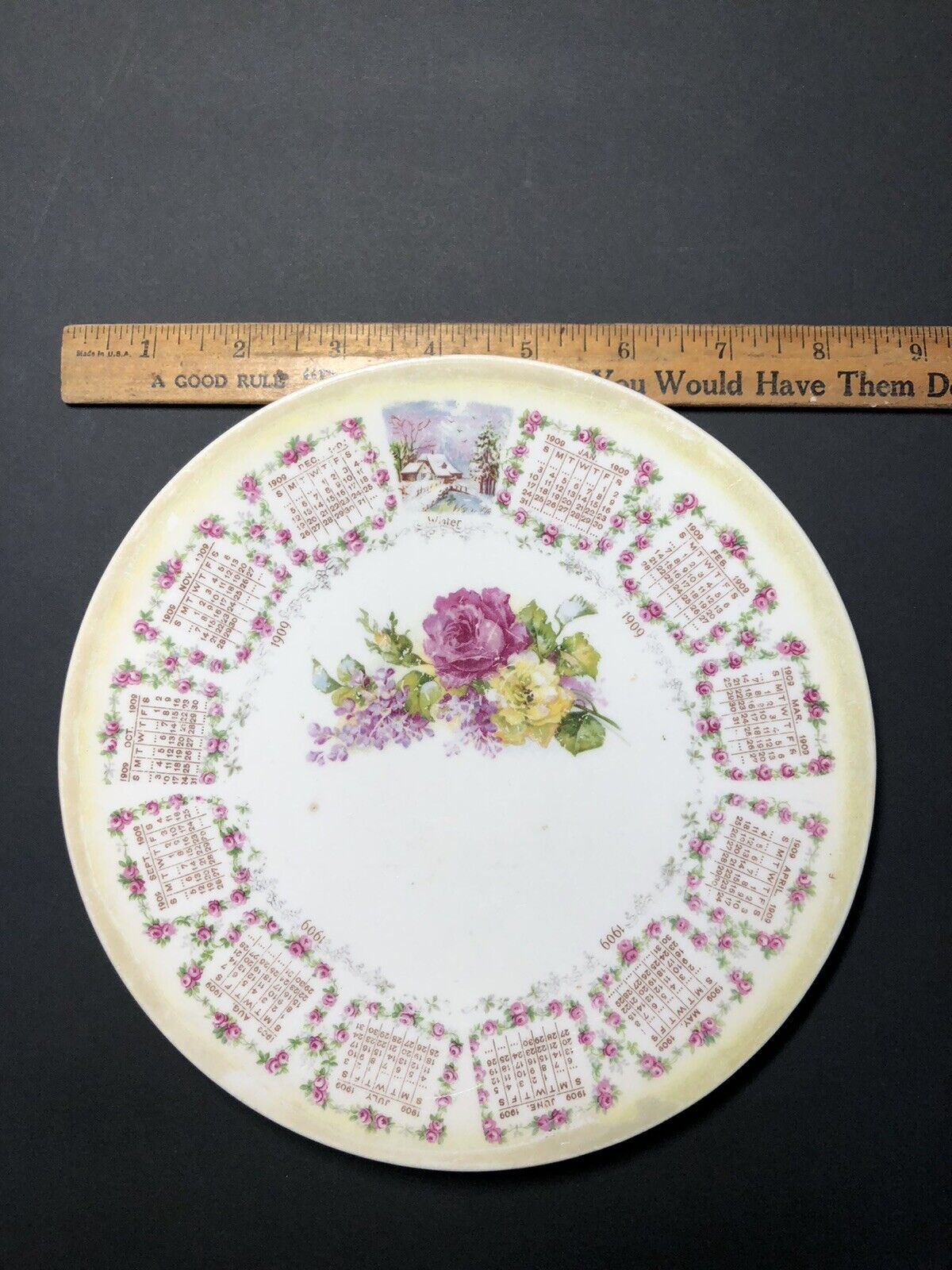 1909 Antique Calendar Plate, Pope Gosser China Lovely Floral, Ad Text Faded*