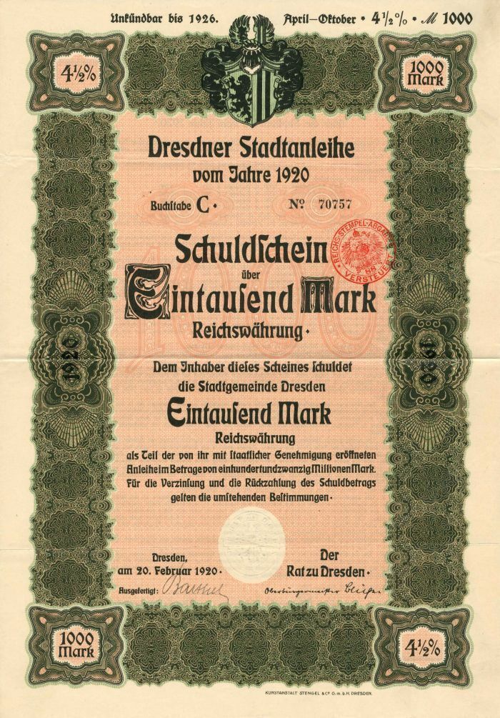 Dresdner Stadtanleihe - 2,000, 1,000 or 500 Mark - Bond - Foreign Bonds